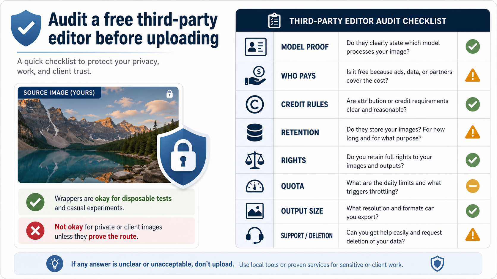 Checklist for auditing free third-party image editors before upload