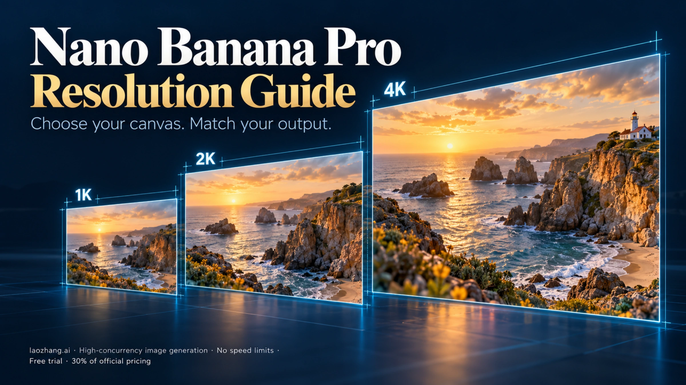 Nano Banana Pro resolution guide with three illuminated image canvases labeled 1K, 2K, and 4K.
