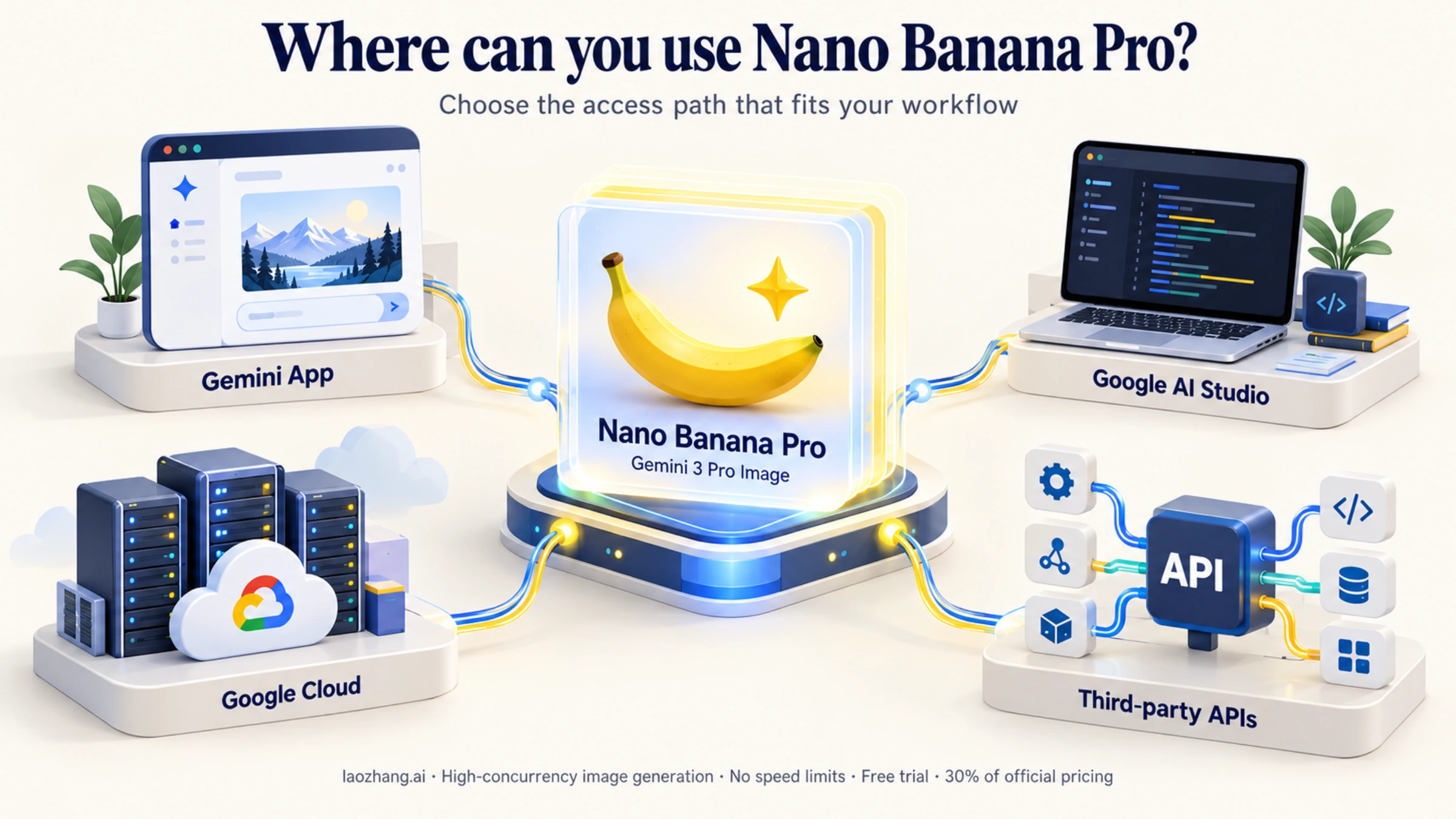 Nano Banana Pro connected to Gemini App, Google AI Studio, Google Cloud, and third-party API access options