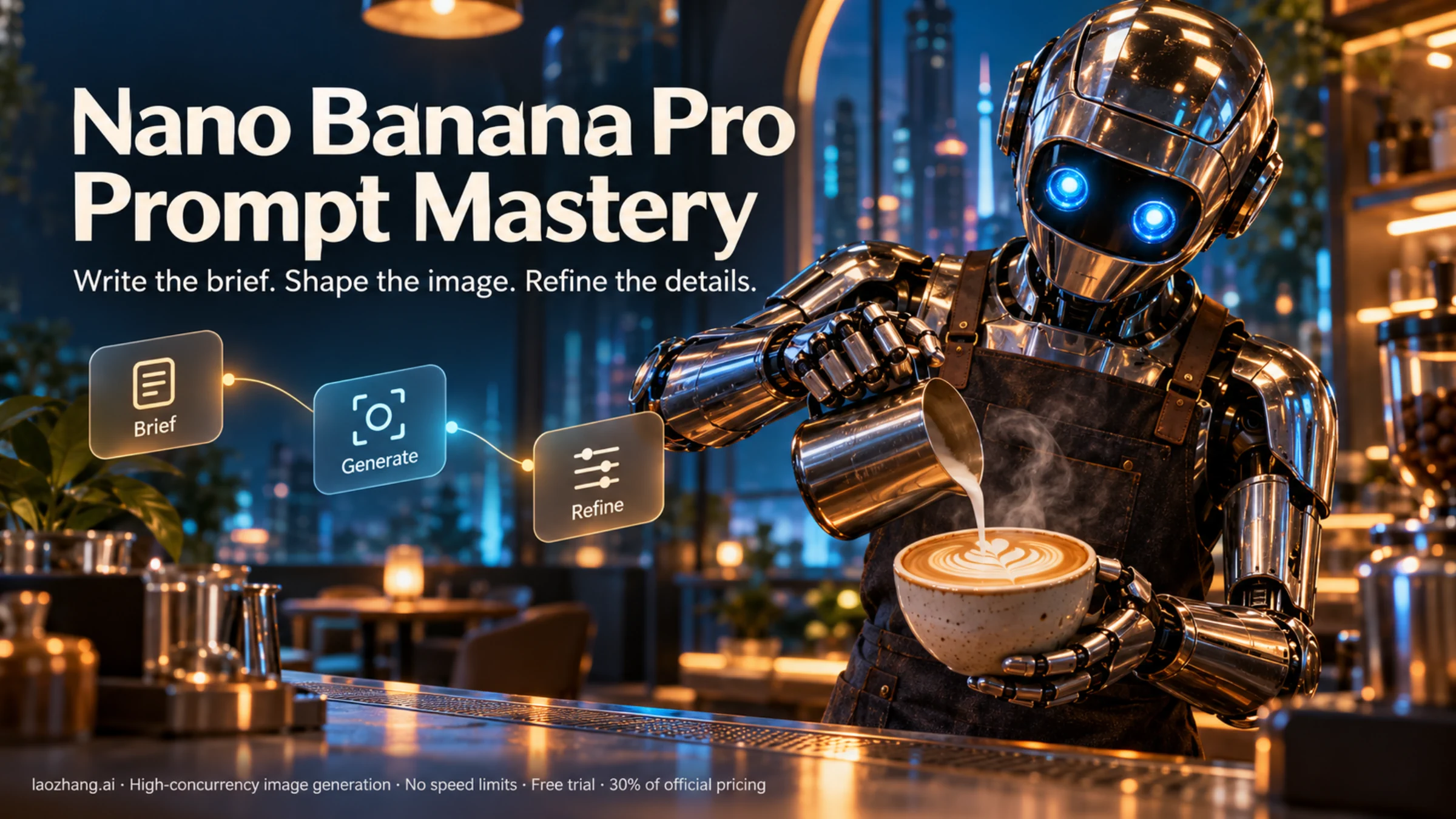 Chrome robot barista pouring latte art beside a brief, generate, and refine workflow.
