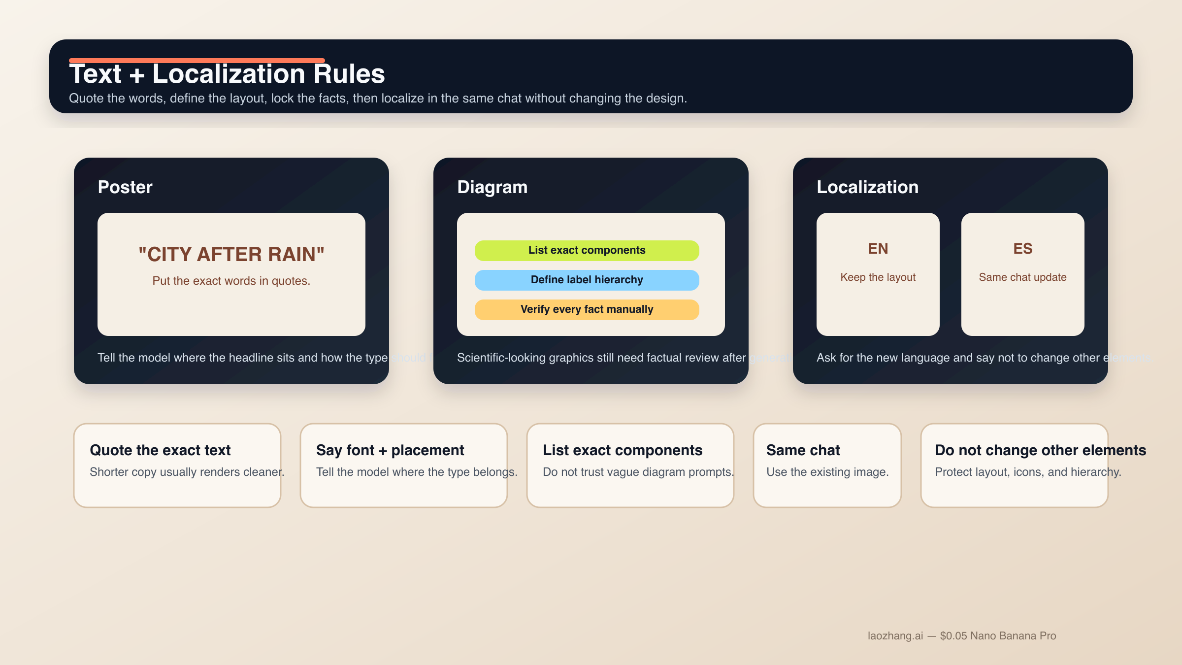 Editorial rules board showing how to prompt text-heavy posters, diagrams, and localized graphics with exact text, layout, factual components, and same-chat localization rules.