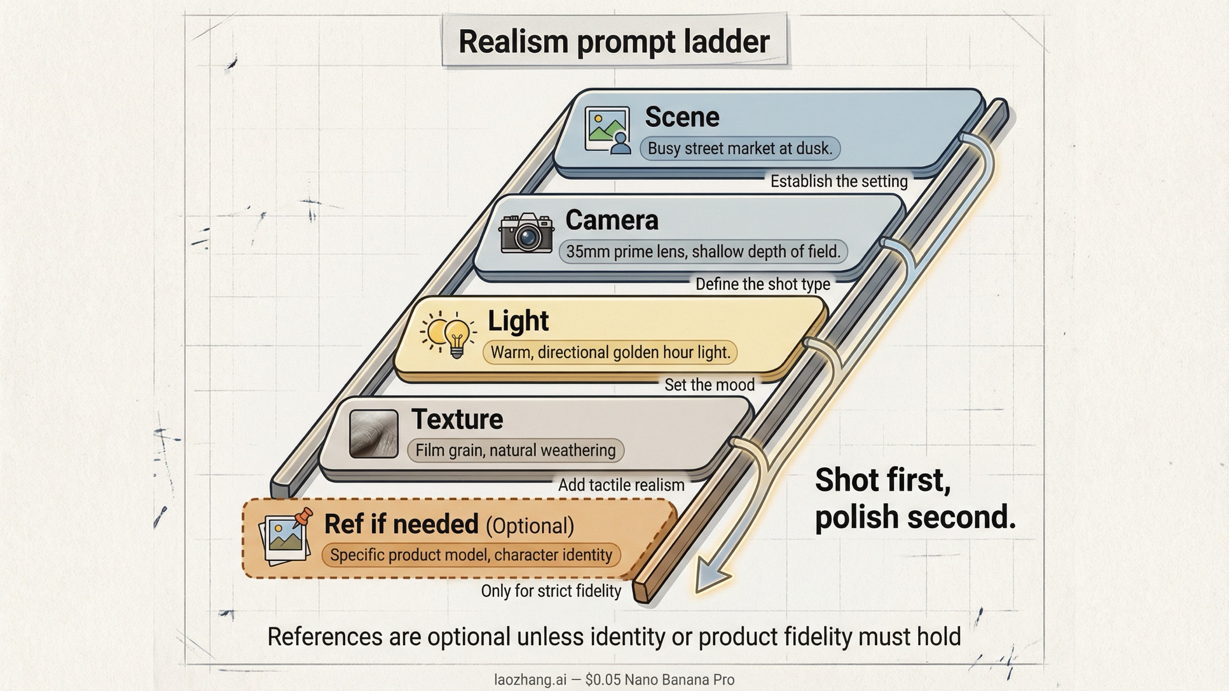 Layered realism ladder for Nano Banana Pro showing scene, camera, lighting, texture, and reference decisions