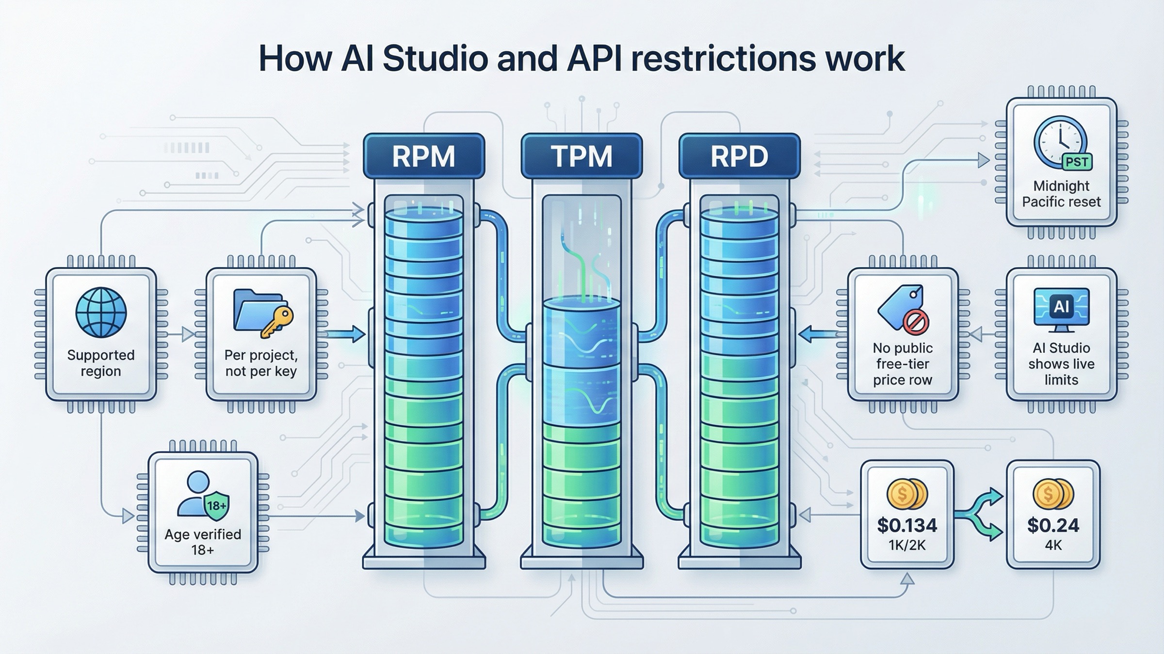 Technical board showing supported-region, age, billing, and per-project quota rules for Nano Banana Pro in AI Studio and the Gemini API