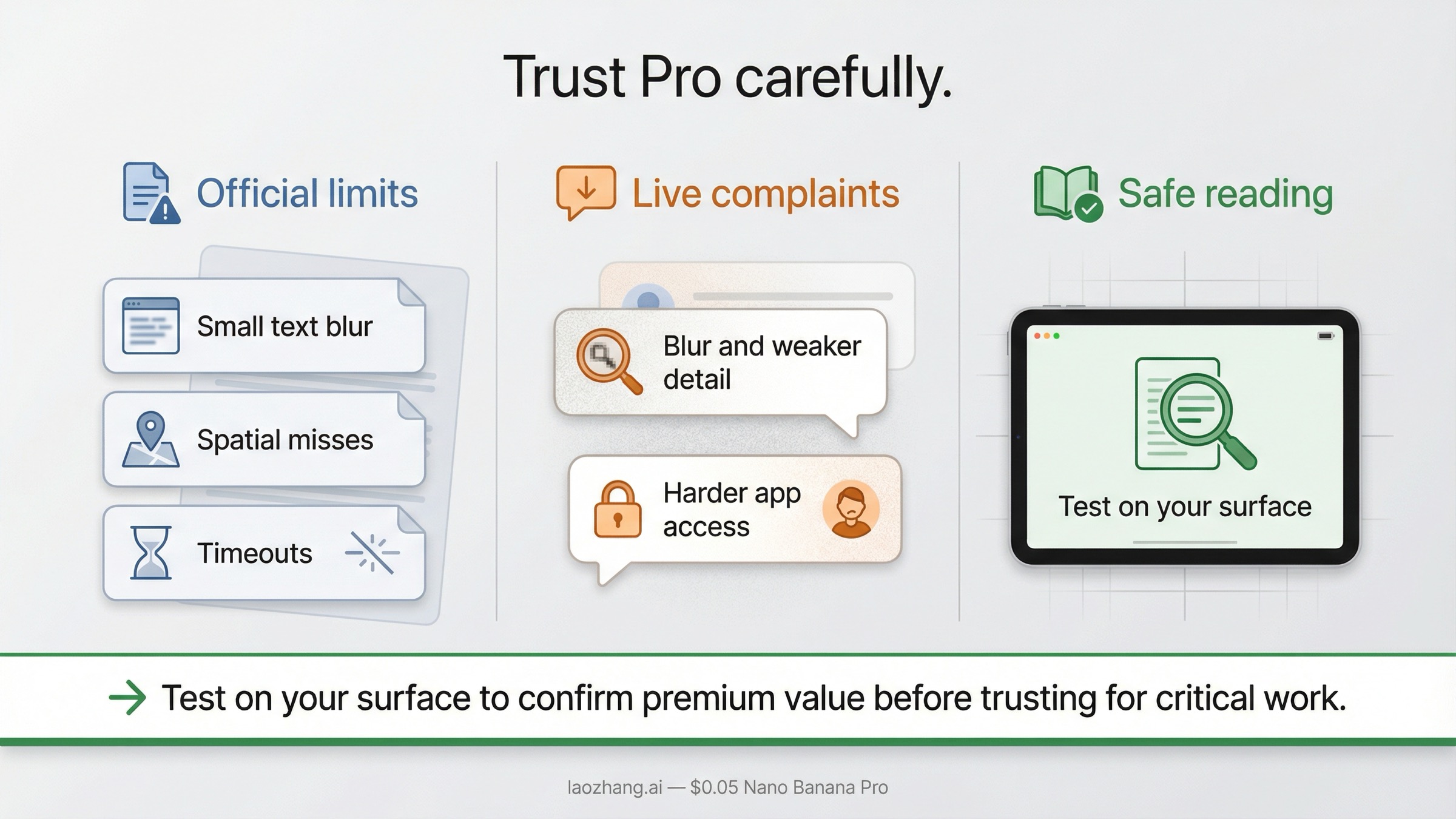 Trust-risk map separating Nano Banana Pro's official published limitations from live community complaints and the safe conclusion to test the model on your own surface
