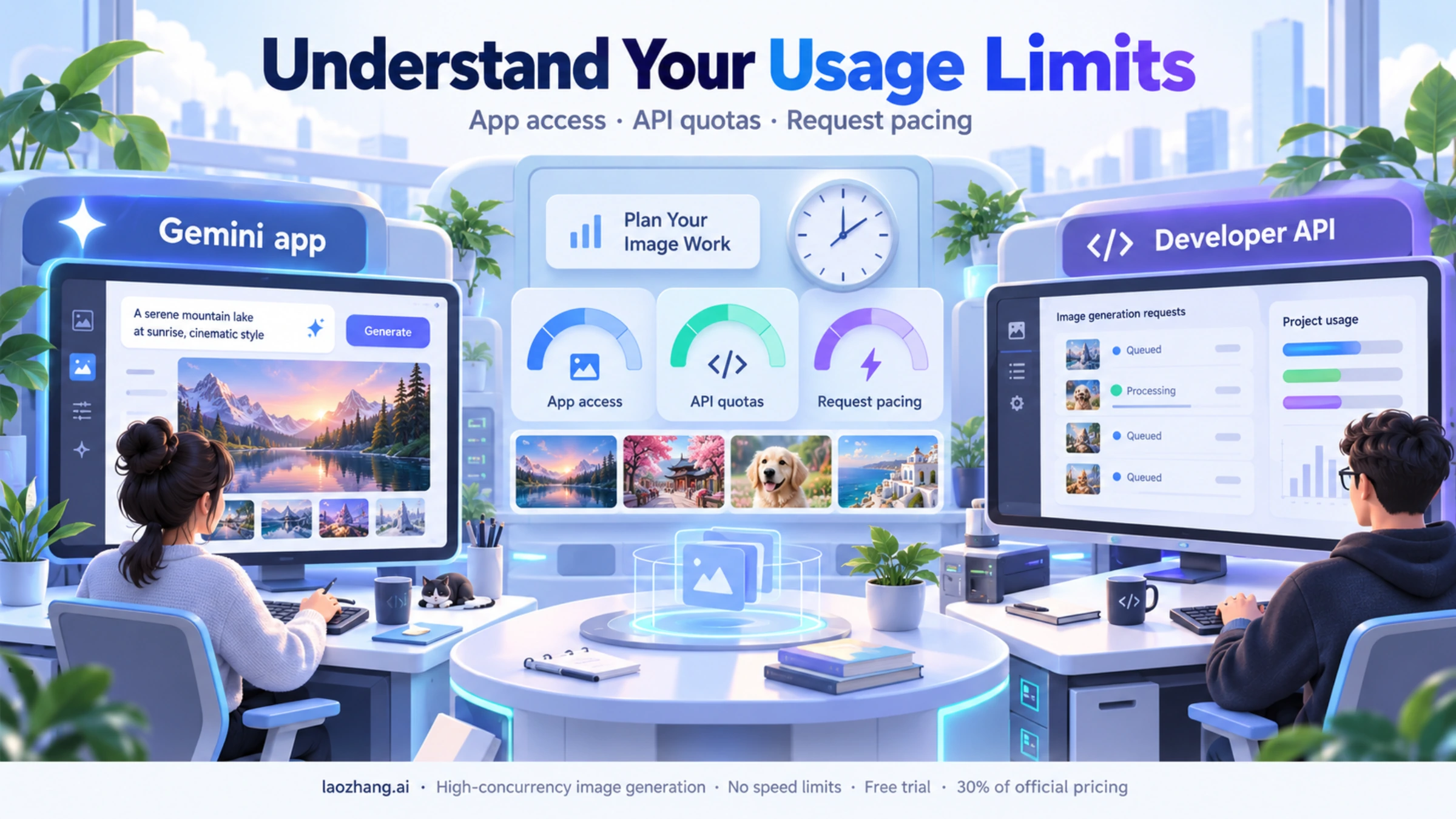 Illustration of Gemini app access, developer API quotas, and request pacing for image generation