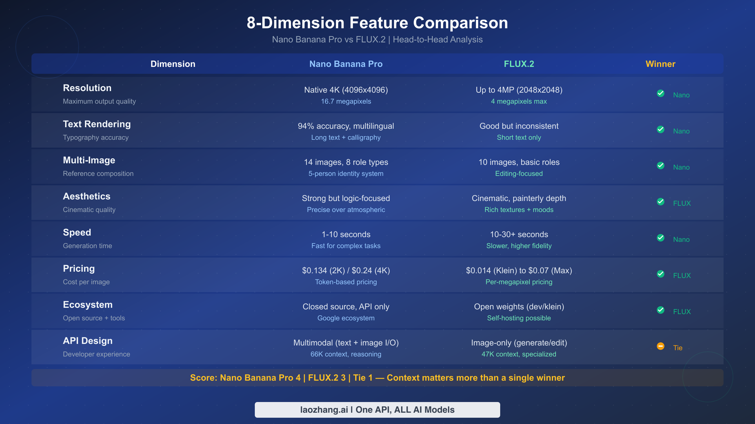 Eight-dimension feature comparison between Nano Banana Pro and FLUX.2 showing resolution, text rendering, multi-image, aesthetics, speed, pricing, ecosystem, and API design