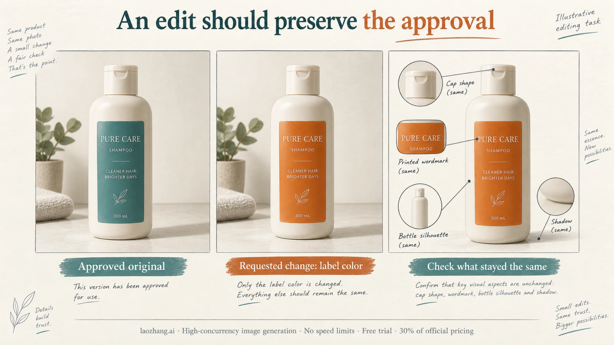 Illustration of a shampoo bottle label edit: the approved teal label, the same bottle with an orange label, and callouts checking that cap shape, wordmark, silhouette and shadow did not change
