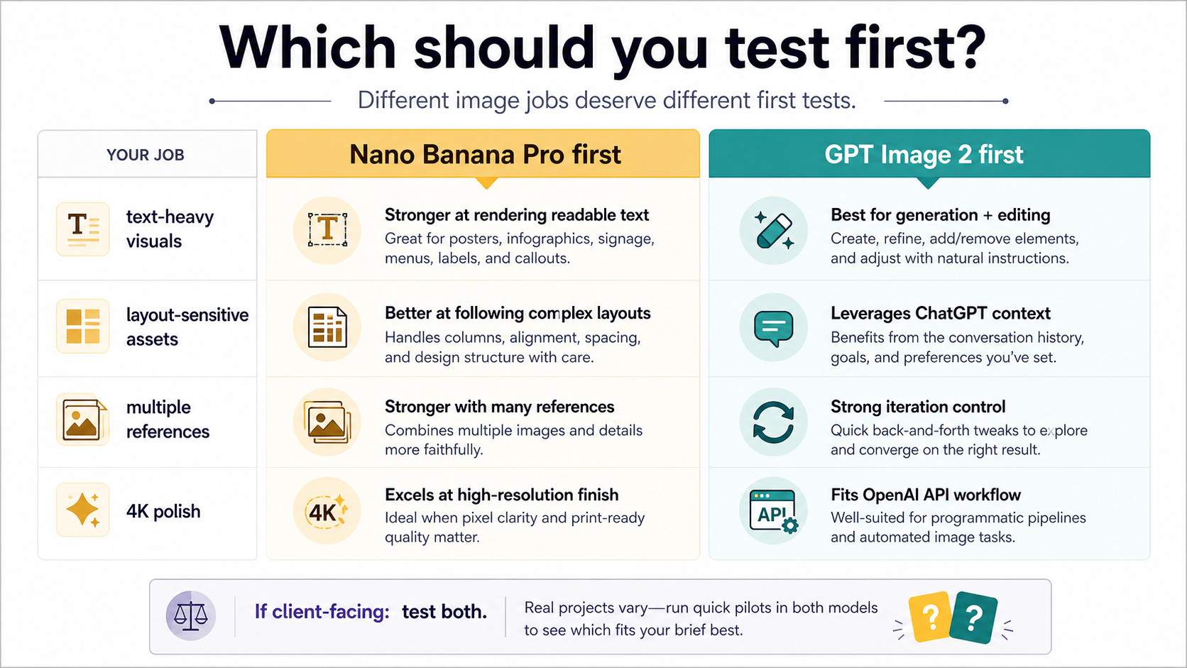 Task matrix showing when to test Nano Banana Pro first and when to test GPT Image 2 first