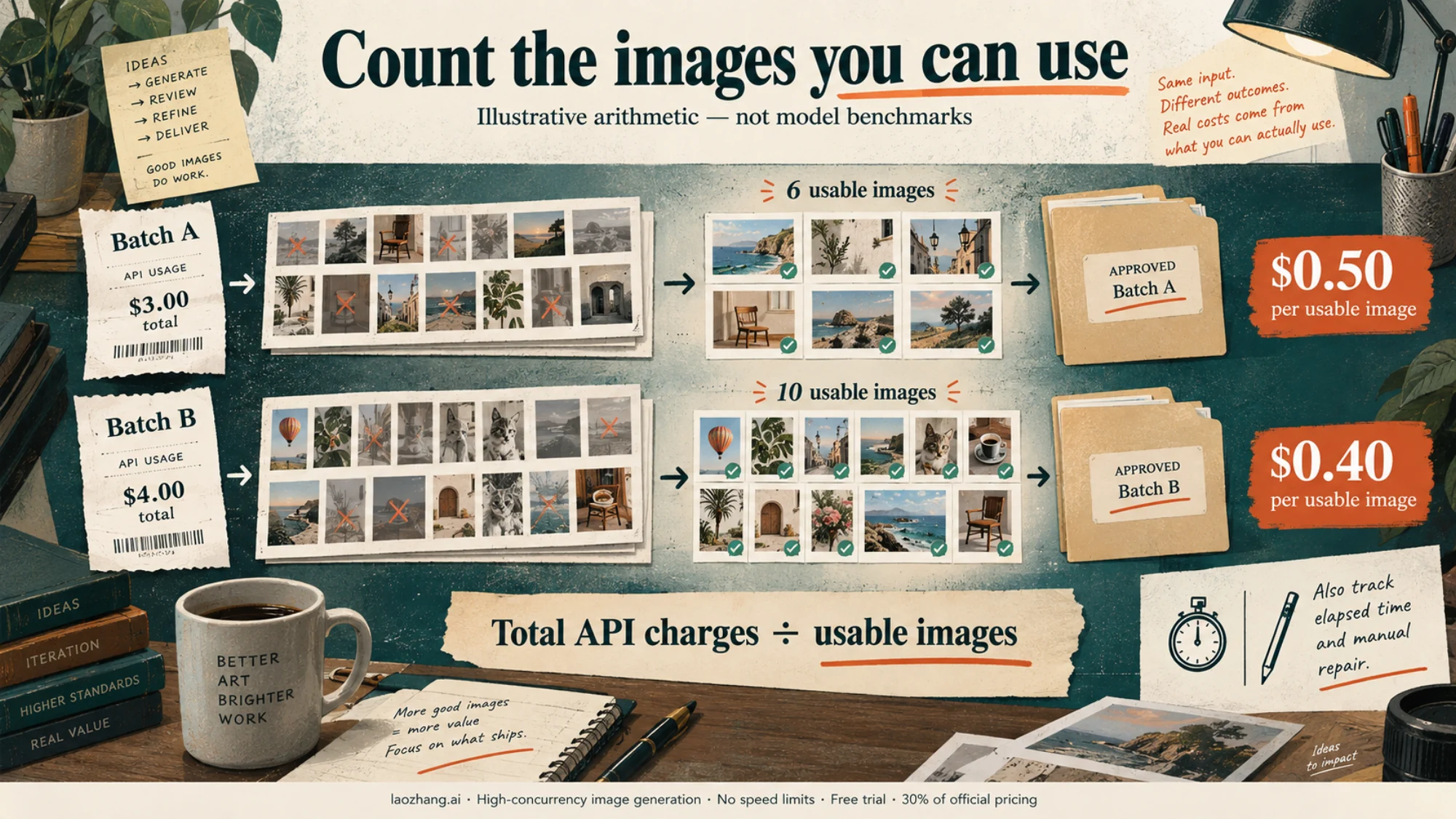 Illustrative arithmetic: batch A costs $3.00 and yields 6 usable images, or $0.50 each; batch B costs $4.00 and yields 10, or $0.40 each