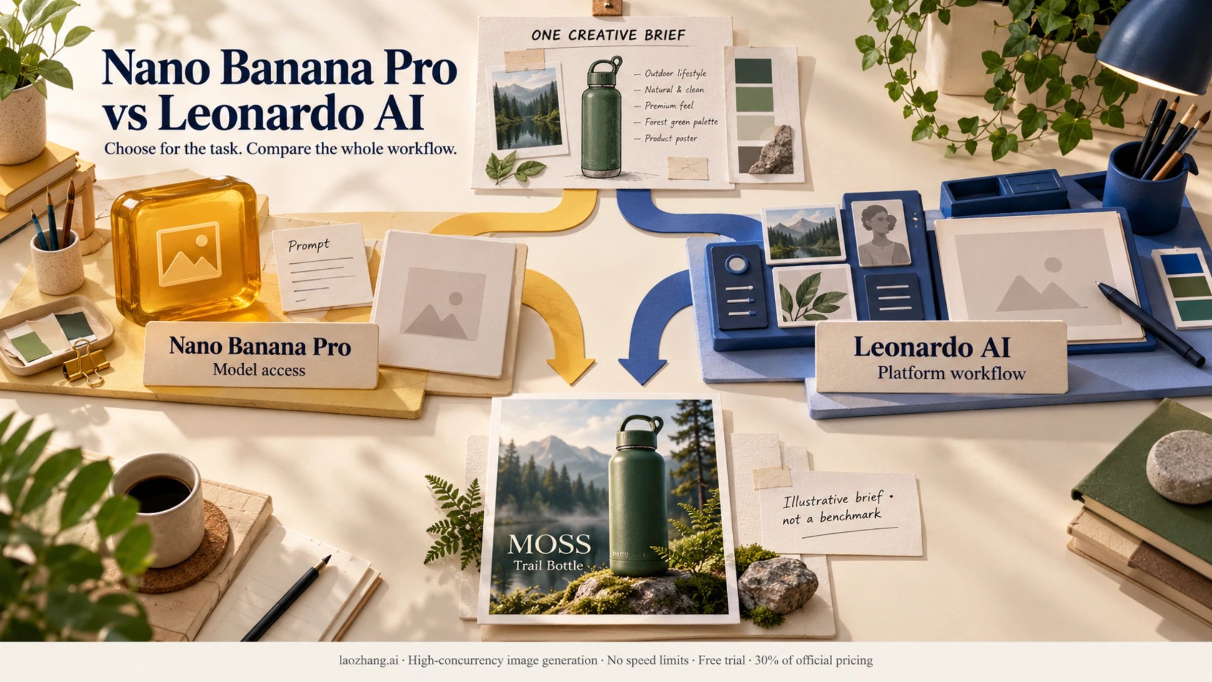 Illustration of one product brief leading to Nano Banana Pro model access and a Leonardo AI creative workflow.