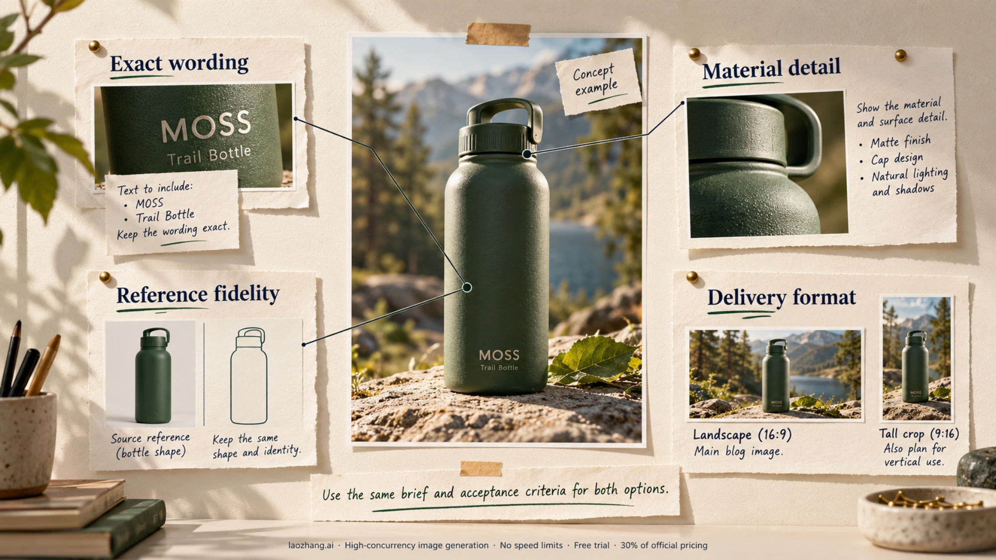 Concept board highlighting exact wording, material detail, reference fidelity, and delivery format for a bottle image.