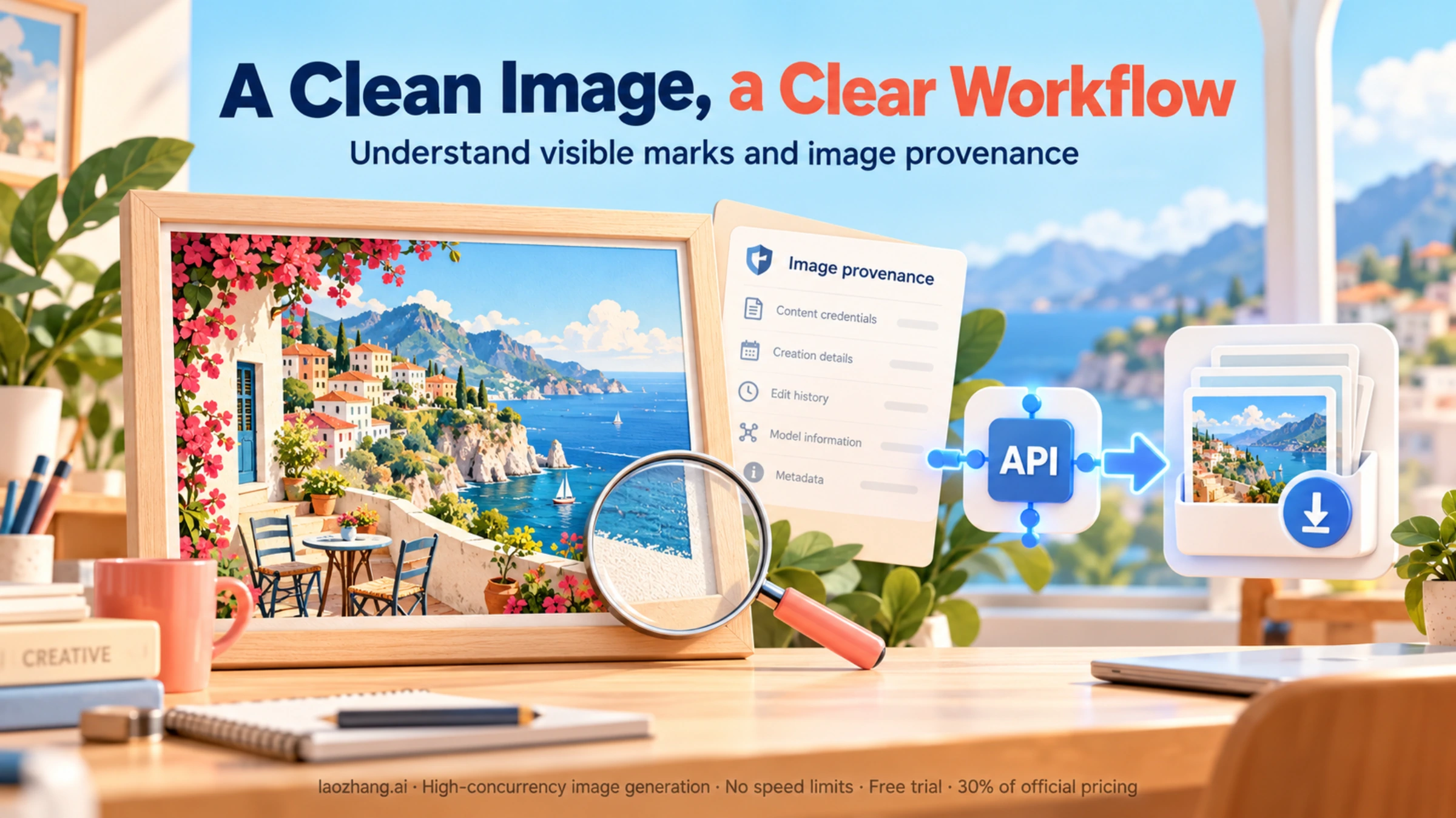 Creative workspace showing a clean image, corner inspection, API output and provenance records