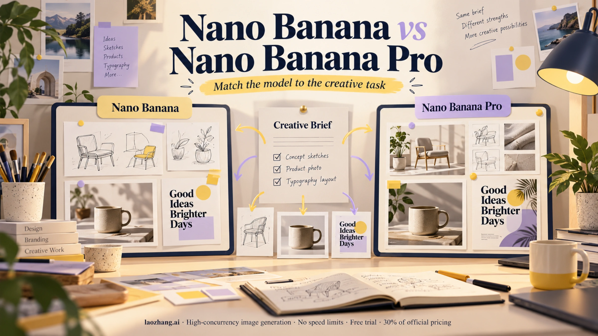 Conceptual Nano Banana and Nano Banana Pro workflows connected to the same creative brief