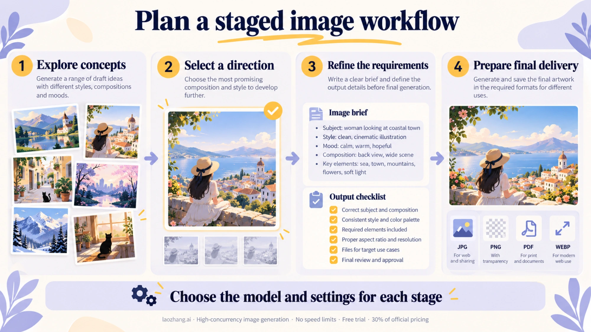 A staged image workflow from concept exploration to final delivery