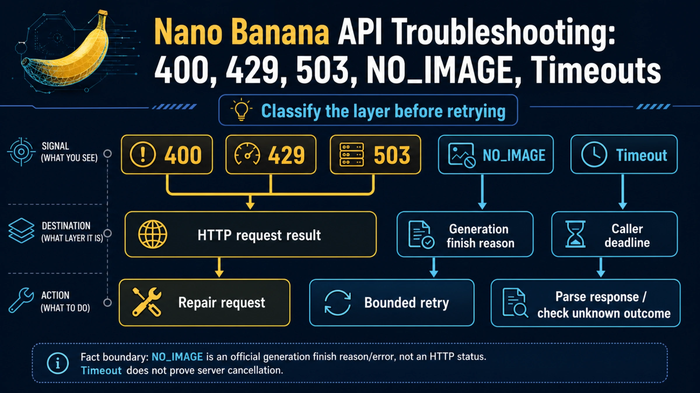 Nano Banana API Troubleshooting: 400, 429, 503, NO_IMAGE, Timeouts