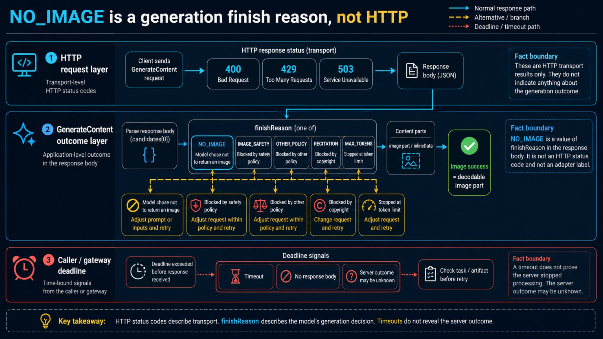 Three-layer map of Nano Banana HTTP errors, generation finish reasons, and caller timeouts