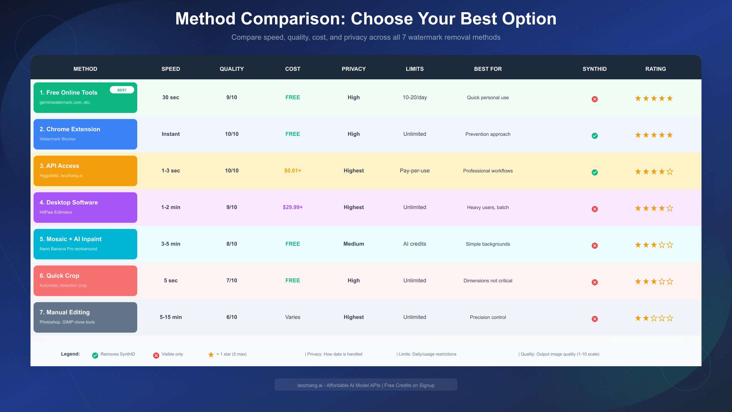 Method comparison table showing 7 watermark removal approaches