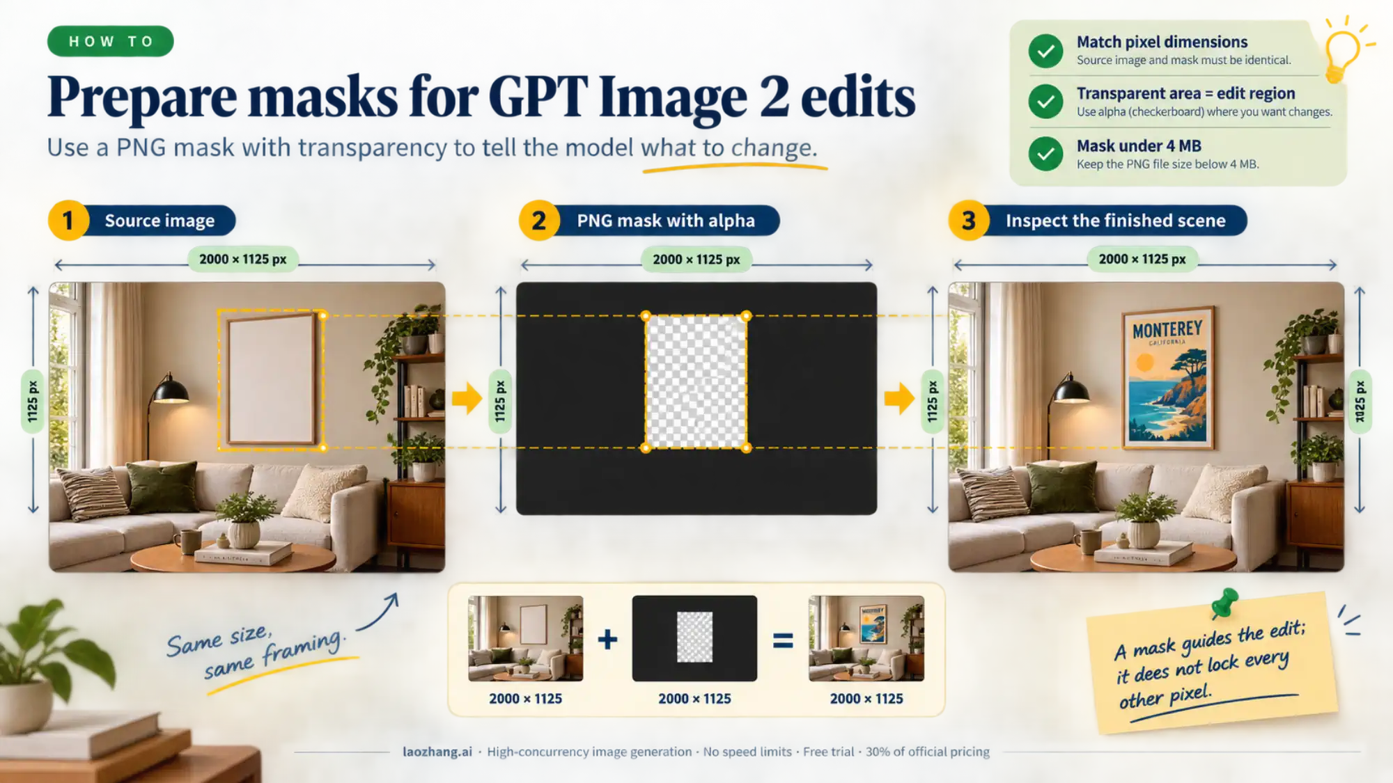 Source room image, matching transparent poster mask, and edited room illustrating mask preparation