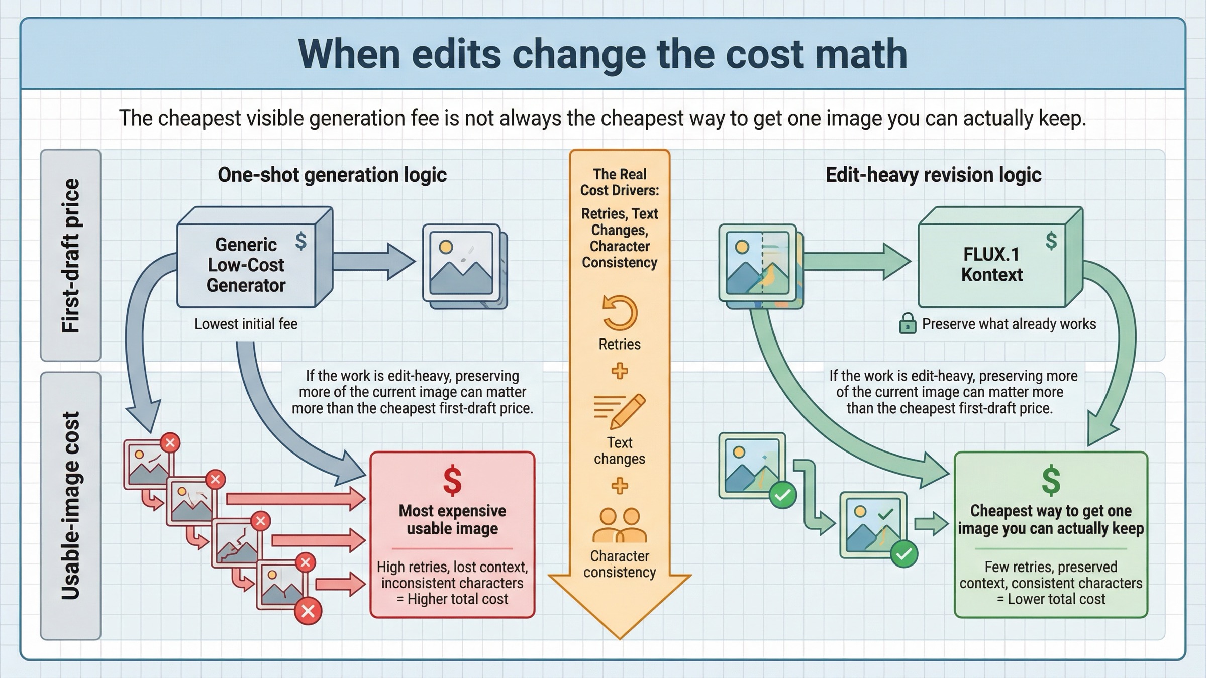 Effective cost board showing how edit-heavy workflows can make FLUX.1 Kontext cheaper in practice than a lower first-draft price when retries and revisions pile up
