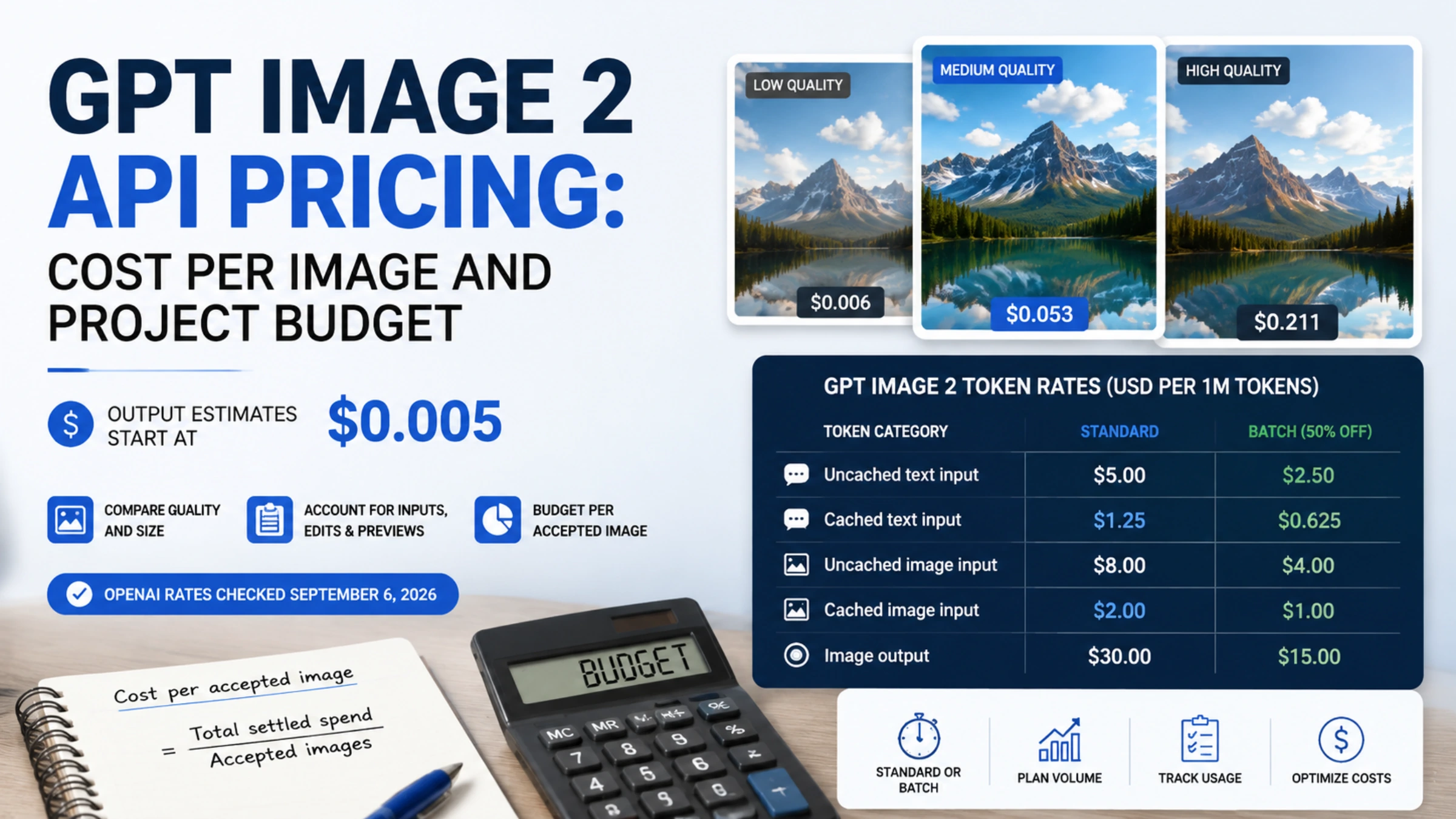 GPT Image 2 pricing overview with output estimates, token rates, and project budgeting