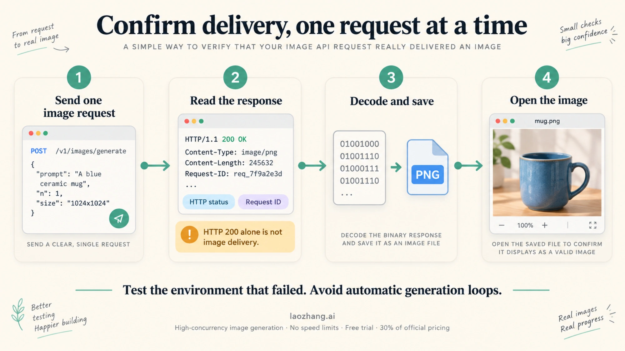 A four-step image delivery check from one API request through decoding to opening the saved image