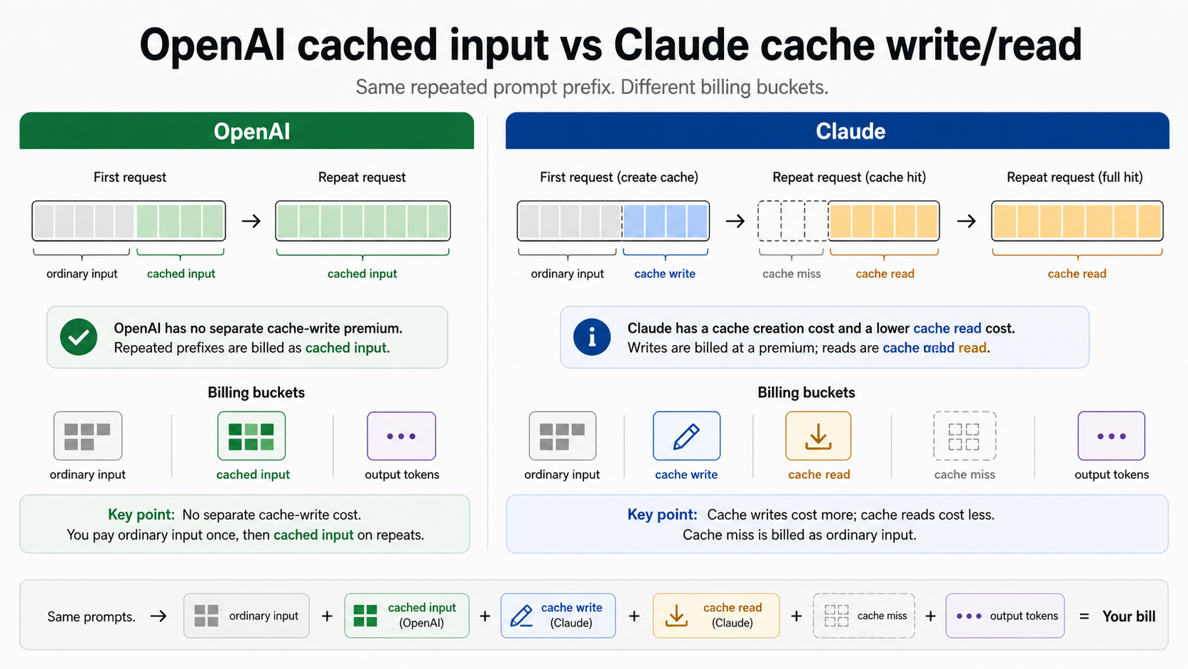 Accounting flow comparing ordinary input, cached input, cache write, cache read, output tokens, and cache misses
