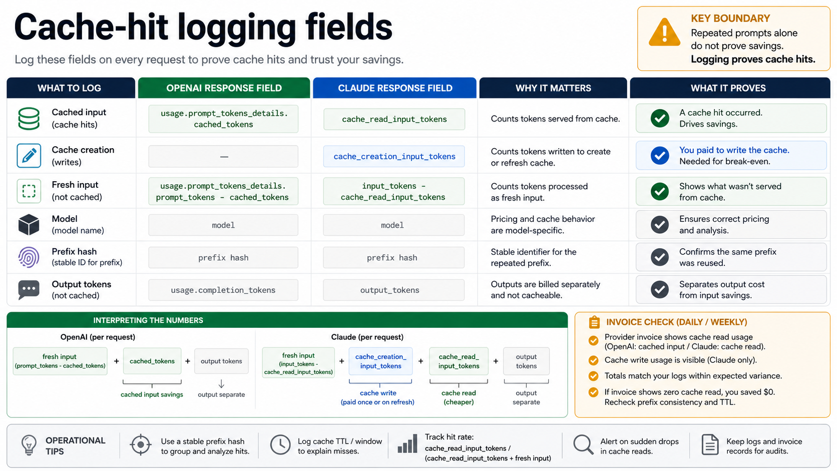 Cache-hit logging field map for OpenAI cached tokens and Claude cache read or creation tokens
