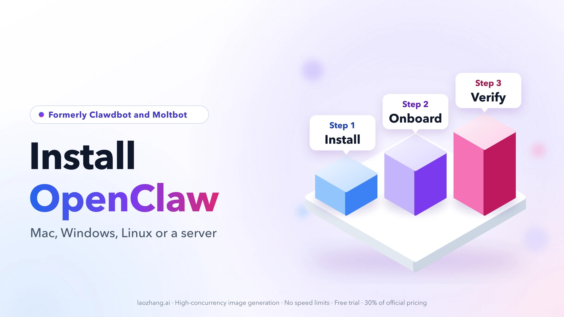 Install OpenClaw cover with three rising step blocks labeled Install, Onboard and Verify, and a note that OpenClaw was formerly Clawdbot and Moltbot