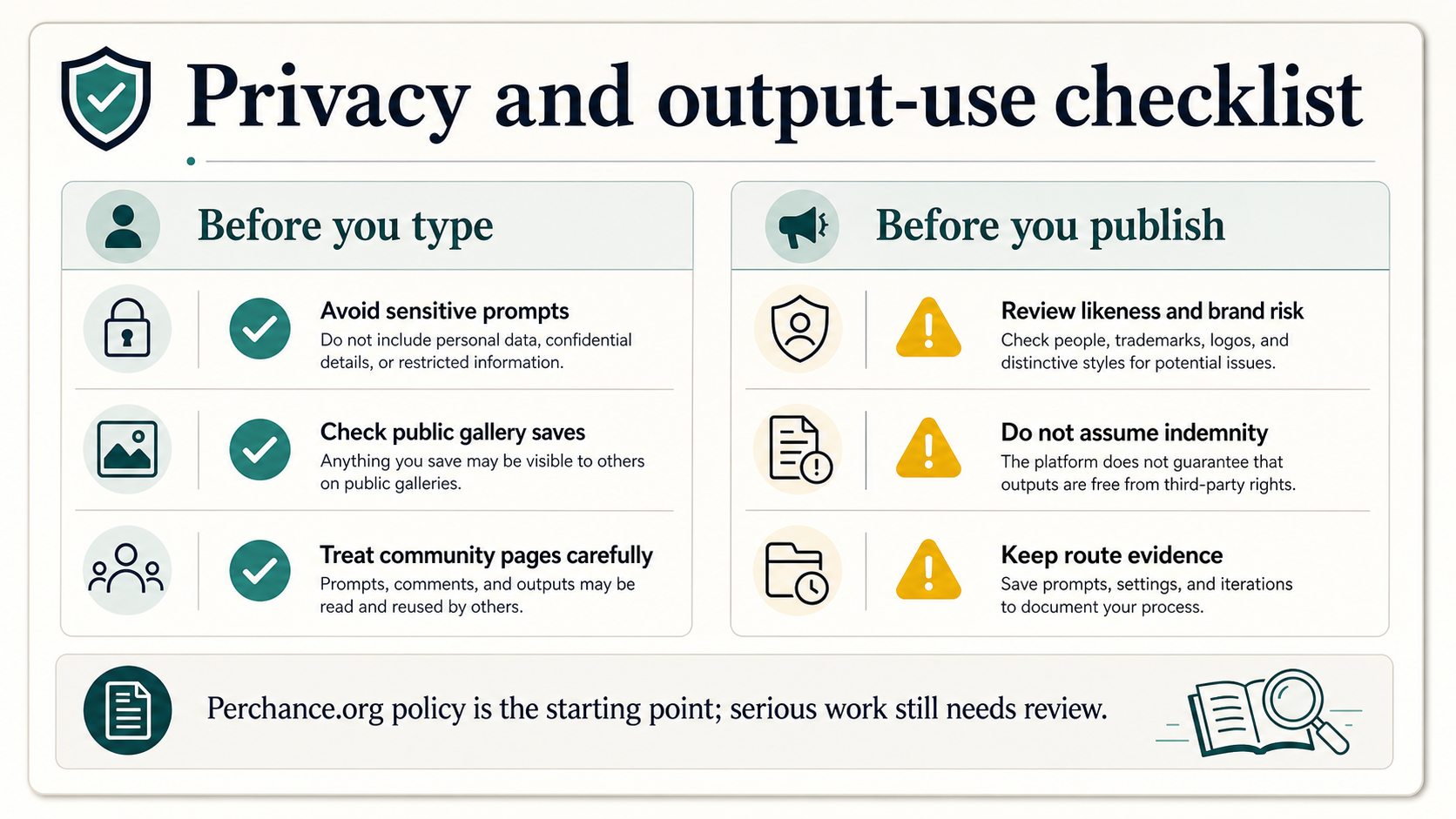 Privacy and output-use checklist for Perchance prompts, public gallery saves, community pages, likeness and brand risk, and route evidence