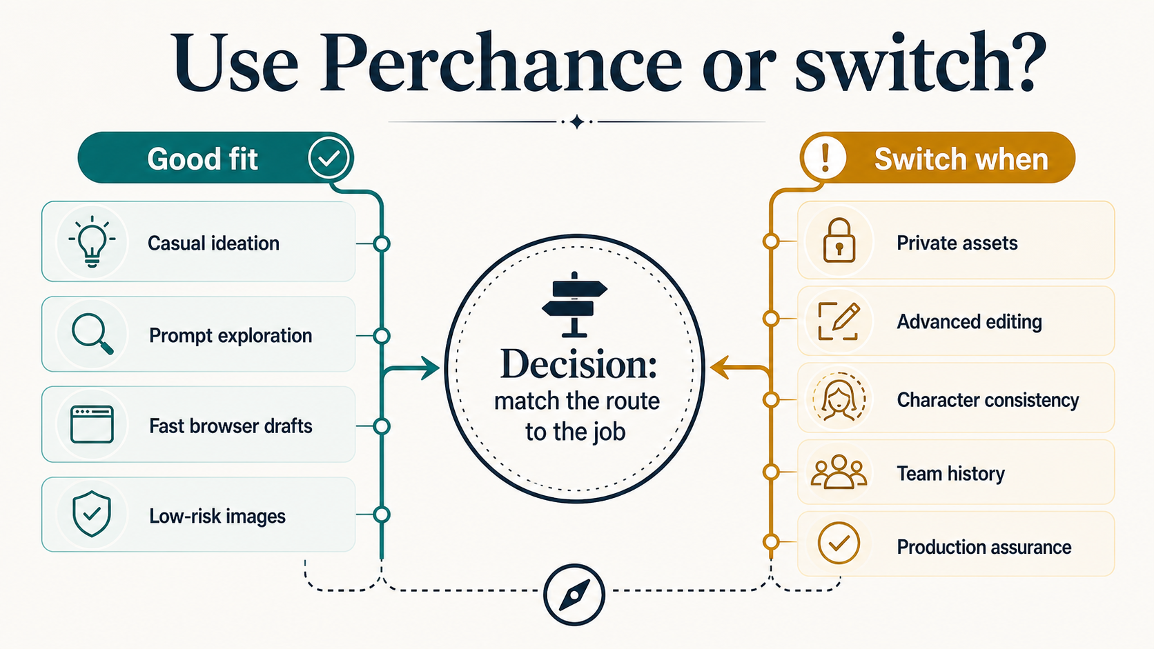 Decision matrix showing when Perchance fits casual ideation and when to switch for private assets, advanced editing, consistency, team history, or production assurance