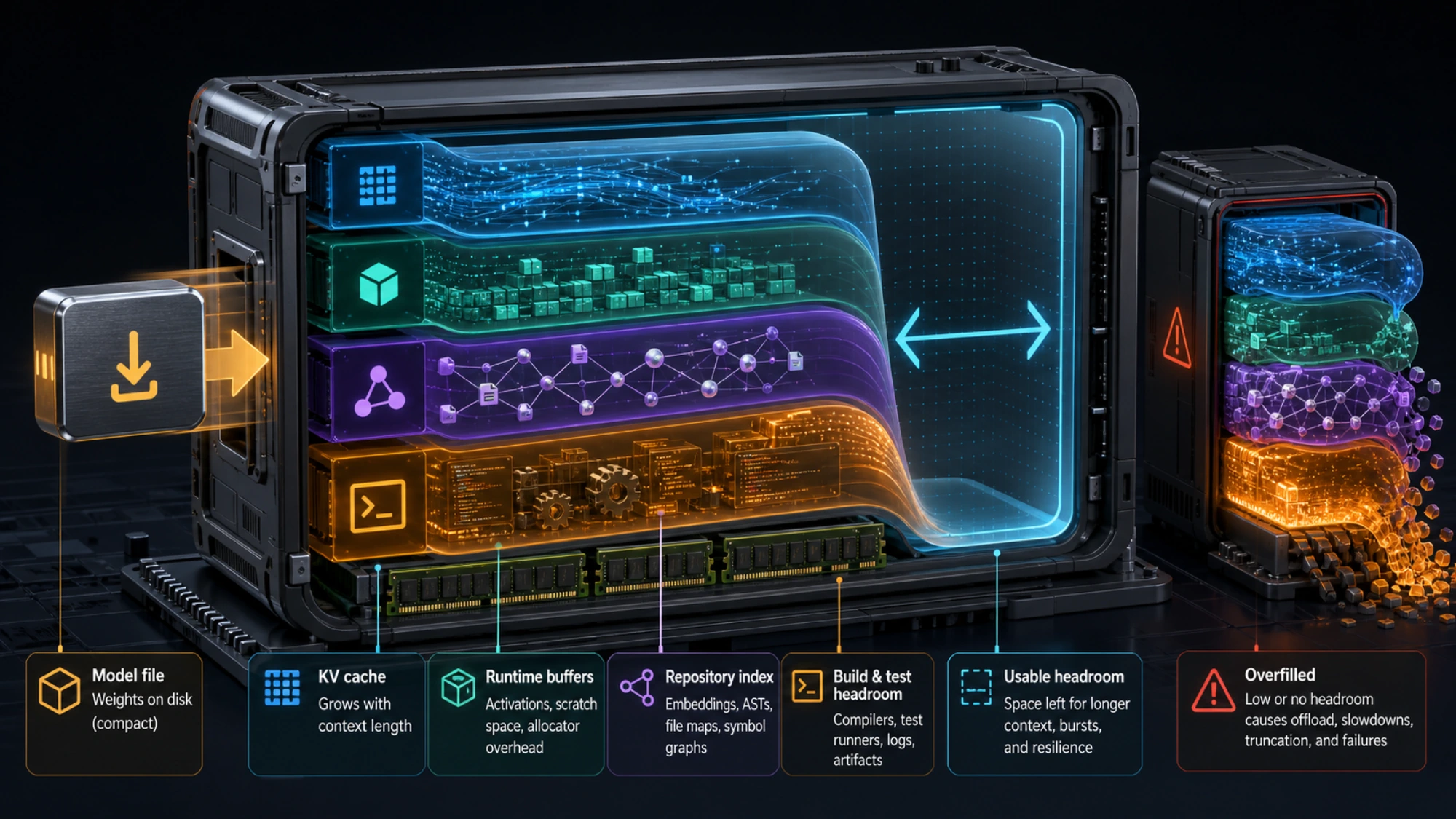 Model weights occupy only part of the memory envelope, while cache, runtime, repository, and test workloads consume the remaining headroom