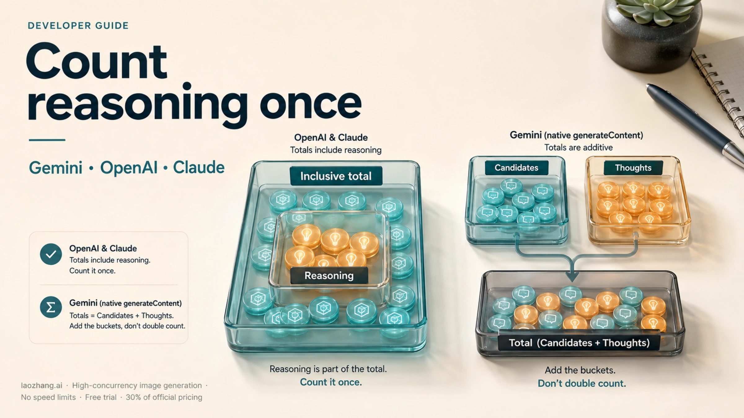 Token trays illustrate reasoning within an inclusive total and Gemini candidates and thoughts flowing into one output count.