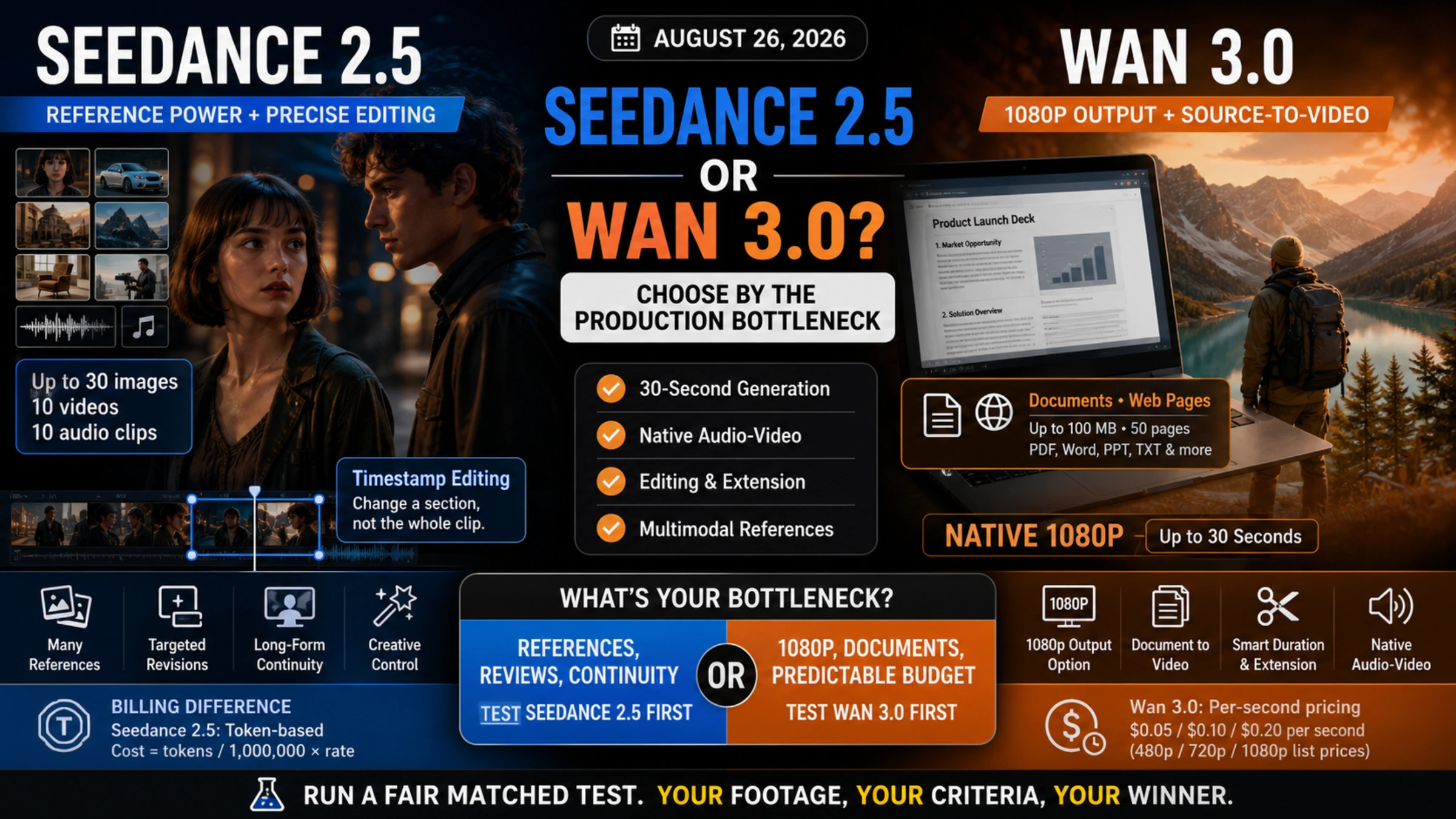 Seedance 2.5 and Wan 3.0 production-bottleneck comparison showing reference control, timestamp editing, native 1080p, document input, and billing differences