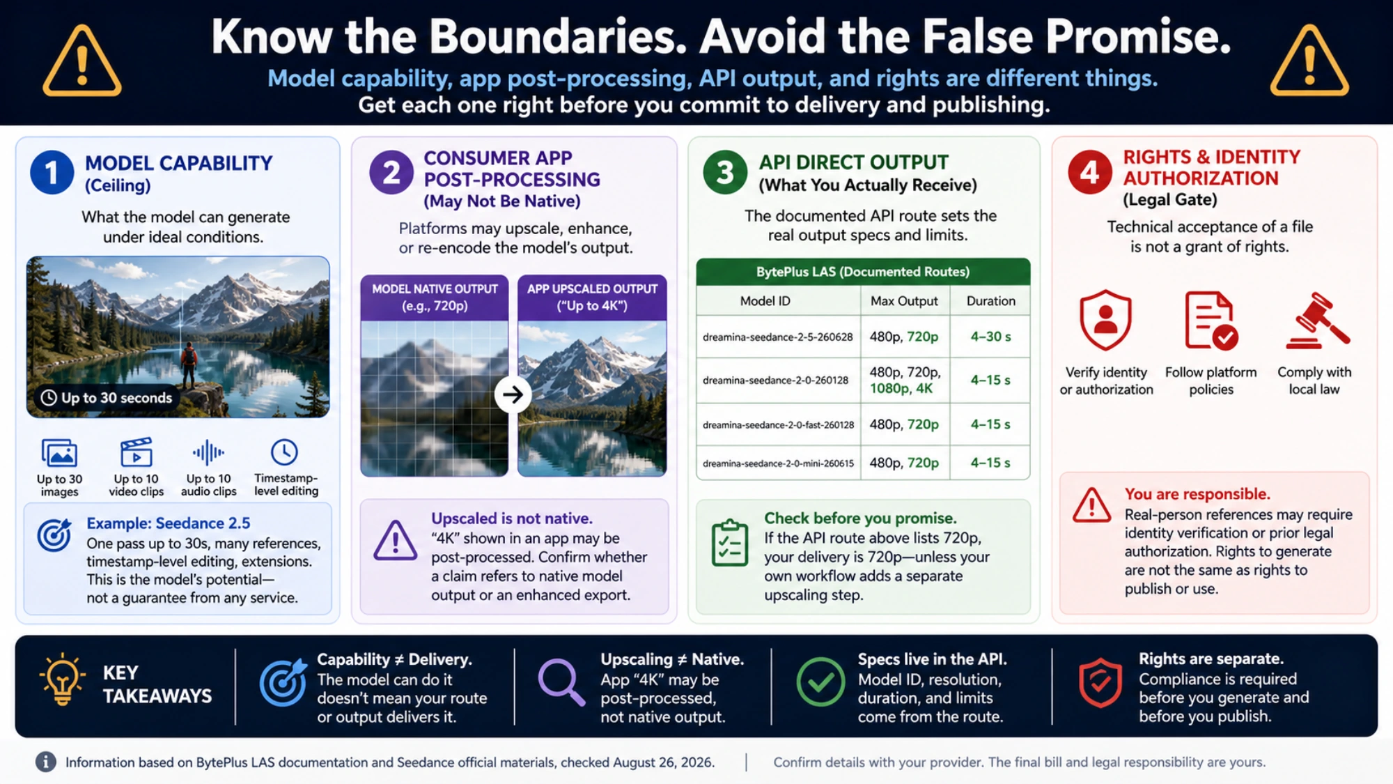 Four boundaries separating model capability, consumer app post-processing, documented API direct output, and rights or identity authorization