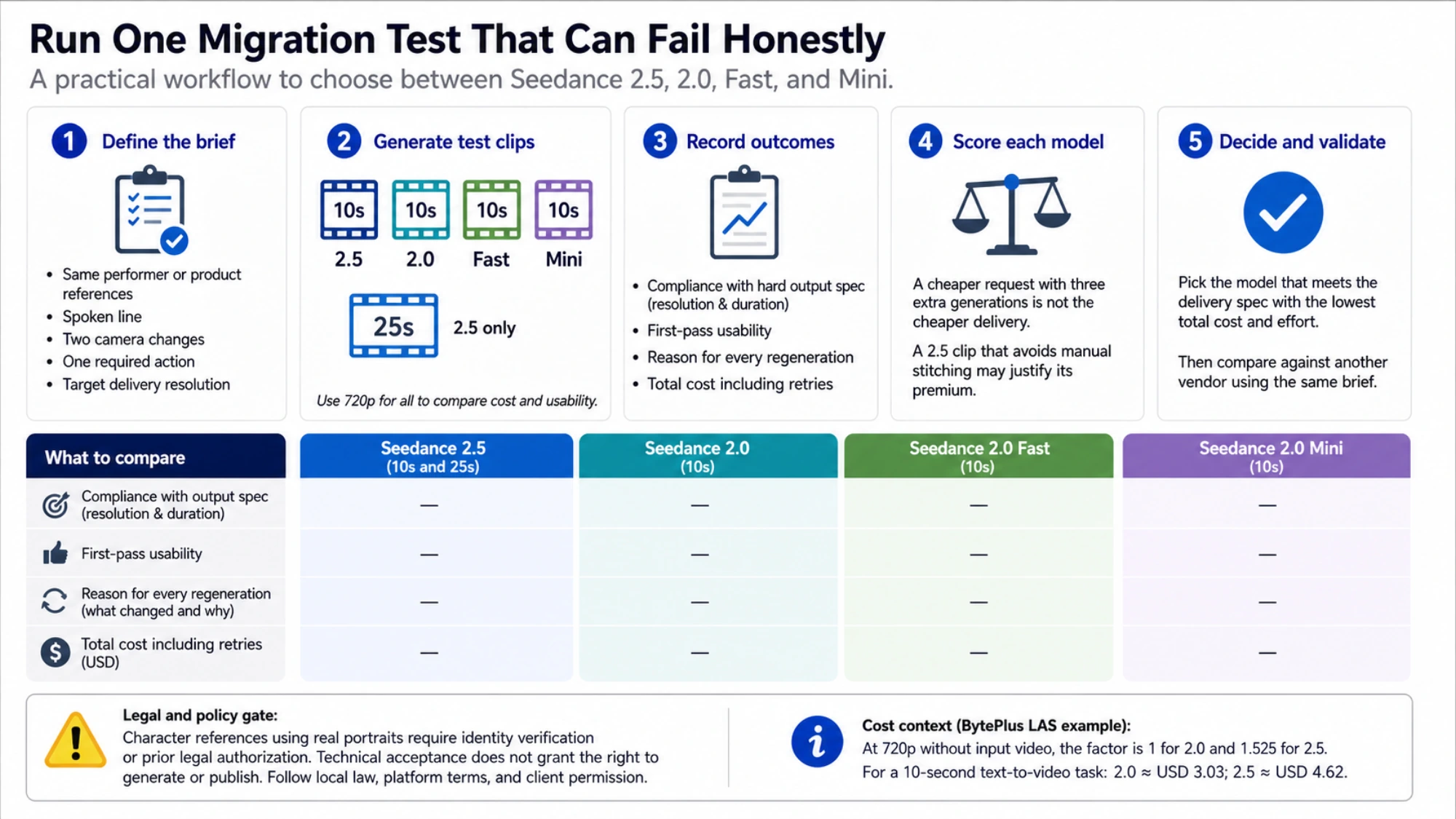 Same-brief Seedance migration test from fixed references and output requirements to first-pass usability, retry reasons, and total approved cost