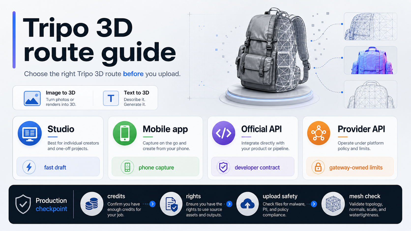 Tripo 3D route guide showing Studio, mobile app, official API, provider API, and production checks