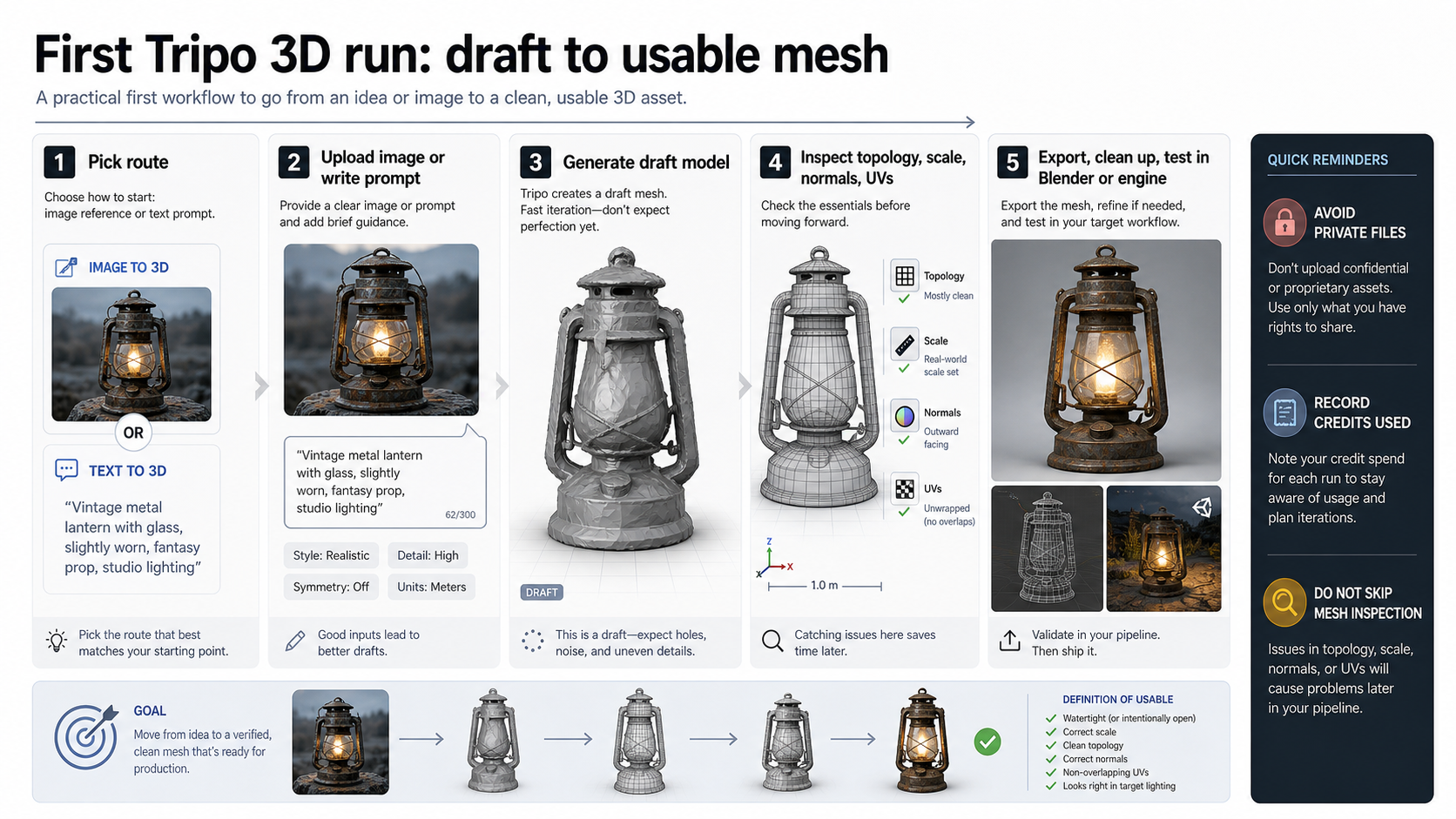 Workflow from image or text input to generated Tripo 3D draft, mesh inspection, export, and cleanup