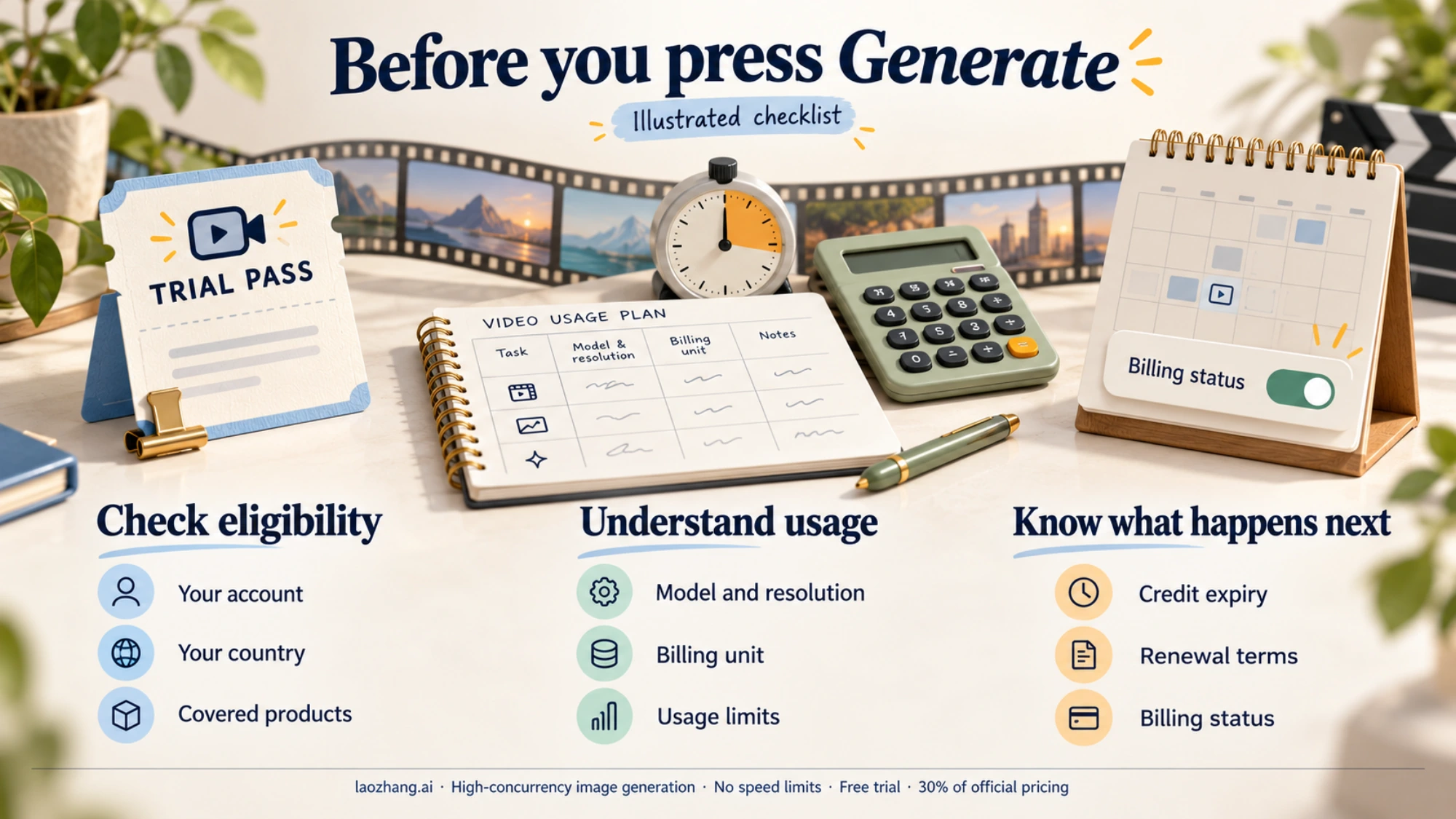Illustrated checklist for checking trial eligibility, video usage, credit expiry, and billing status