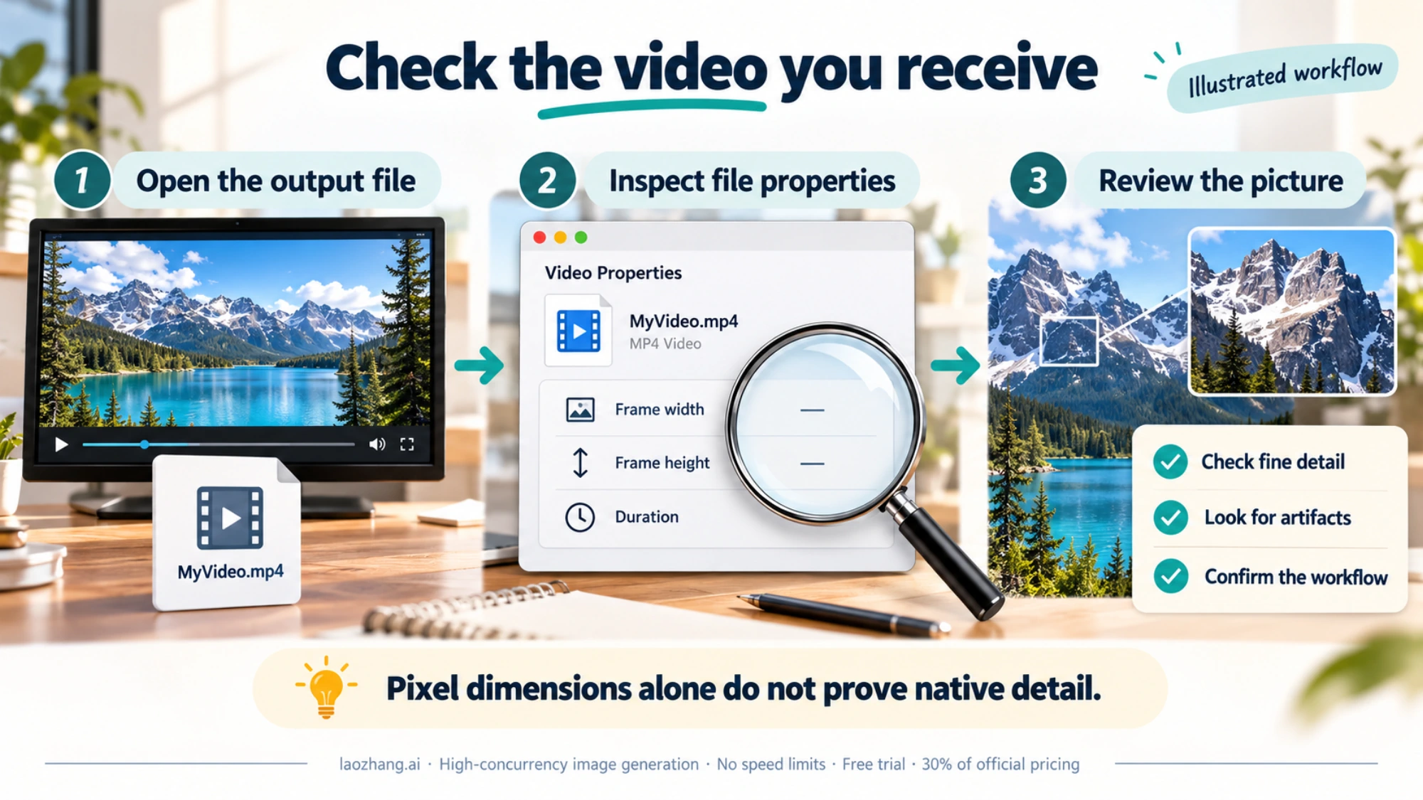 Illustrated workflow for opening a video file, inspecting its properties, and reviewing picture detail