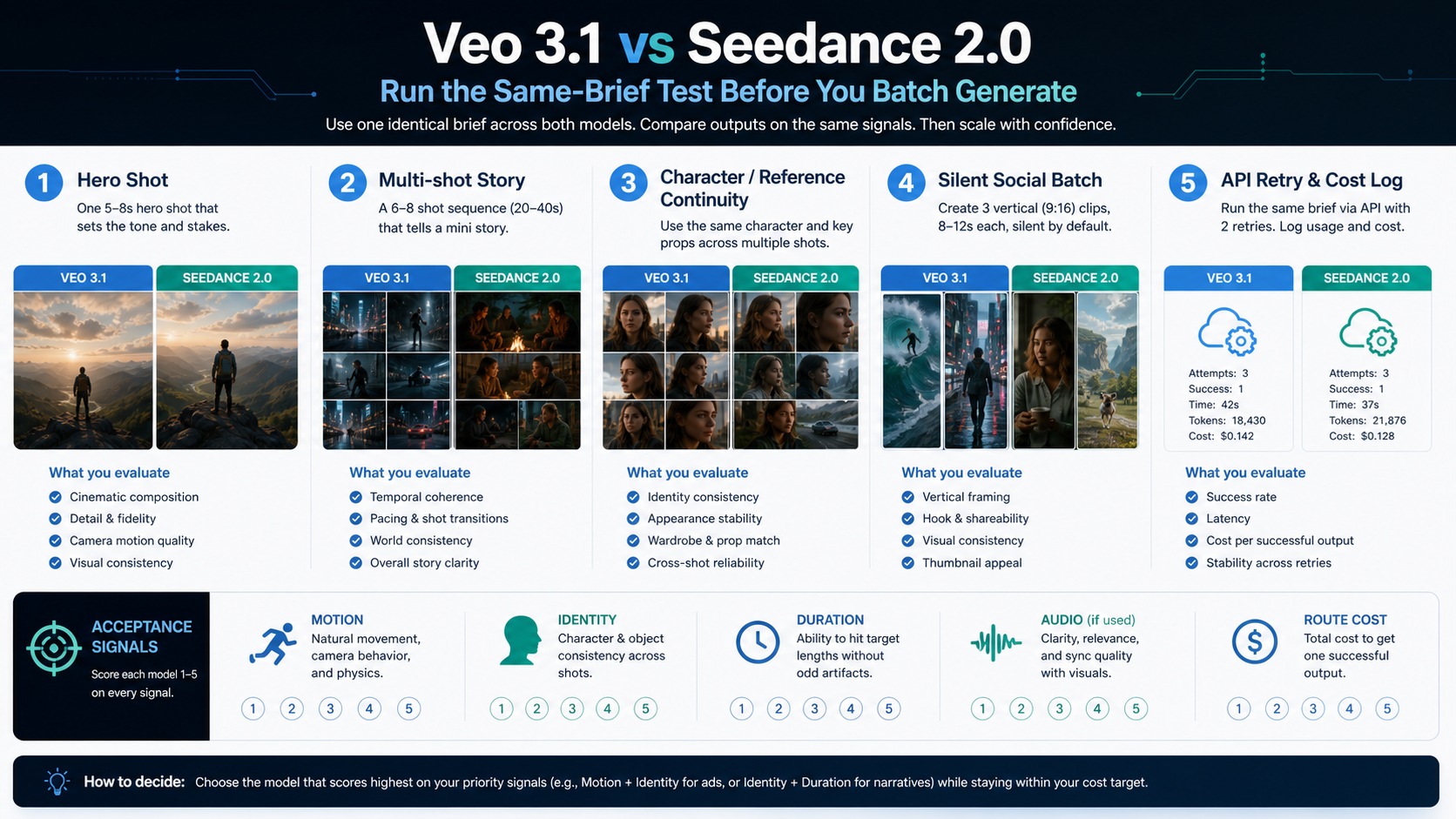 Five-step same-brief testing protocol for comparing Veo 3.1 and Seedance 2.0 before batch generation