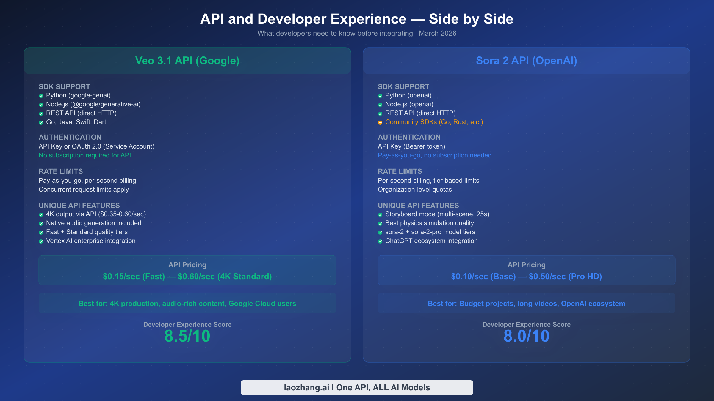 API and developer experience comparison between Veo 3.1 Gemini API and Sora 2 OpenAI API showing SDK support and features