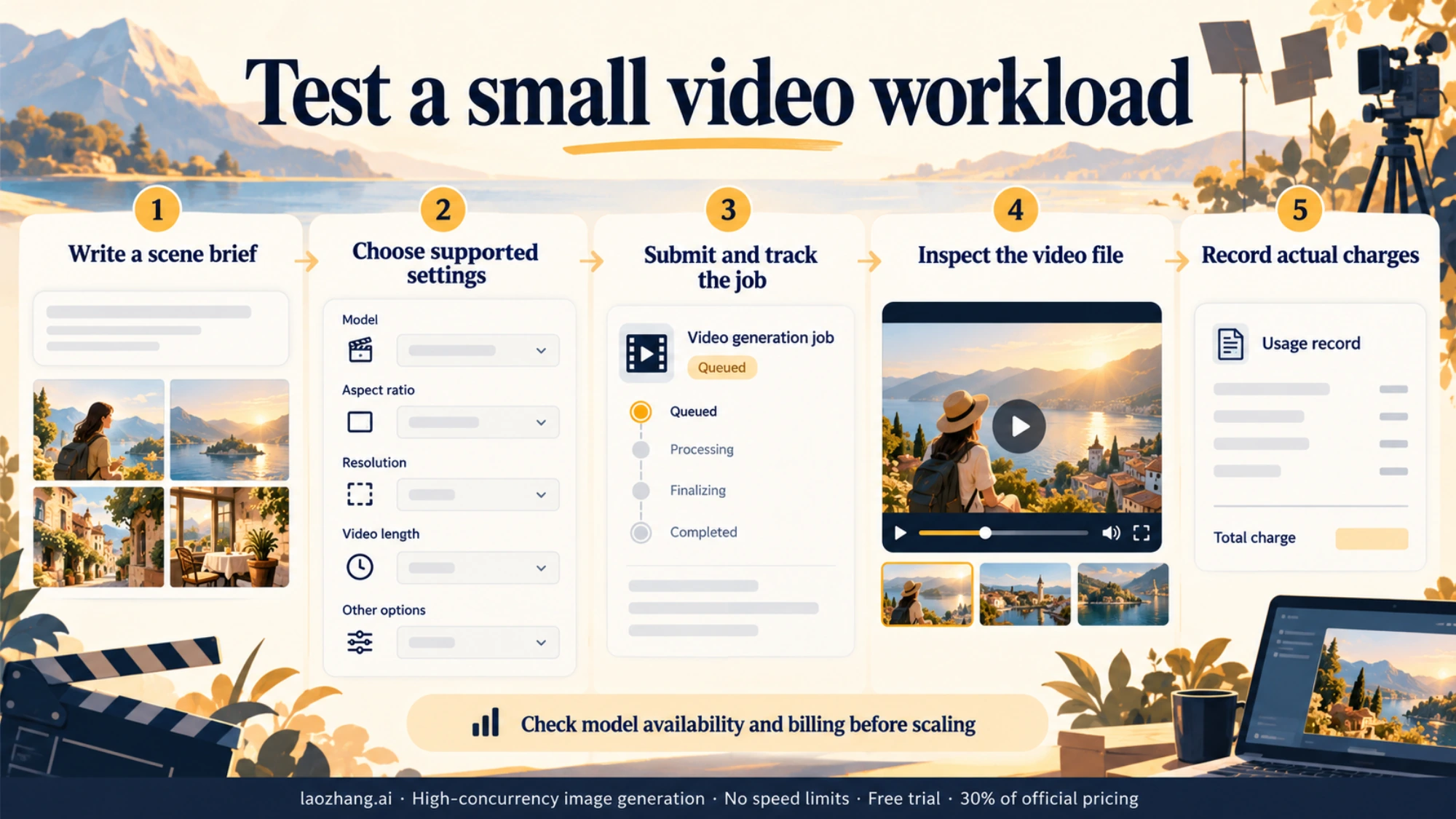 Test a video workload from scene brief through file inspection and actual charges