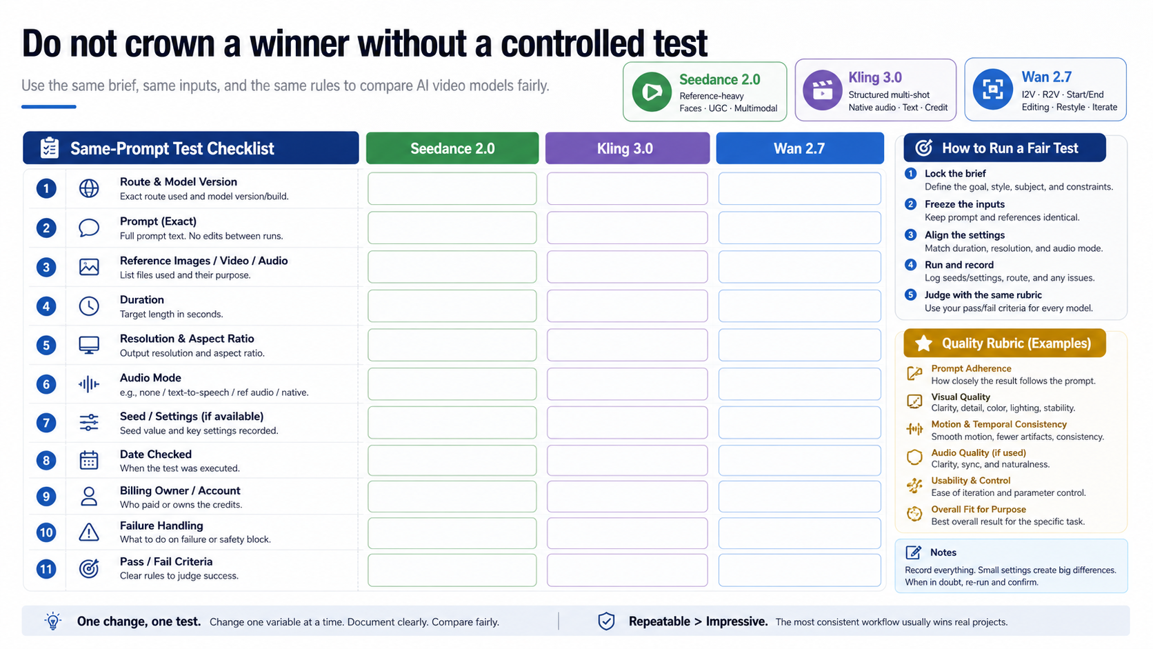 Same-prompt testing checklist for comparing Wan 2.7, Kling 3.0, and Seedance 2.0 before production