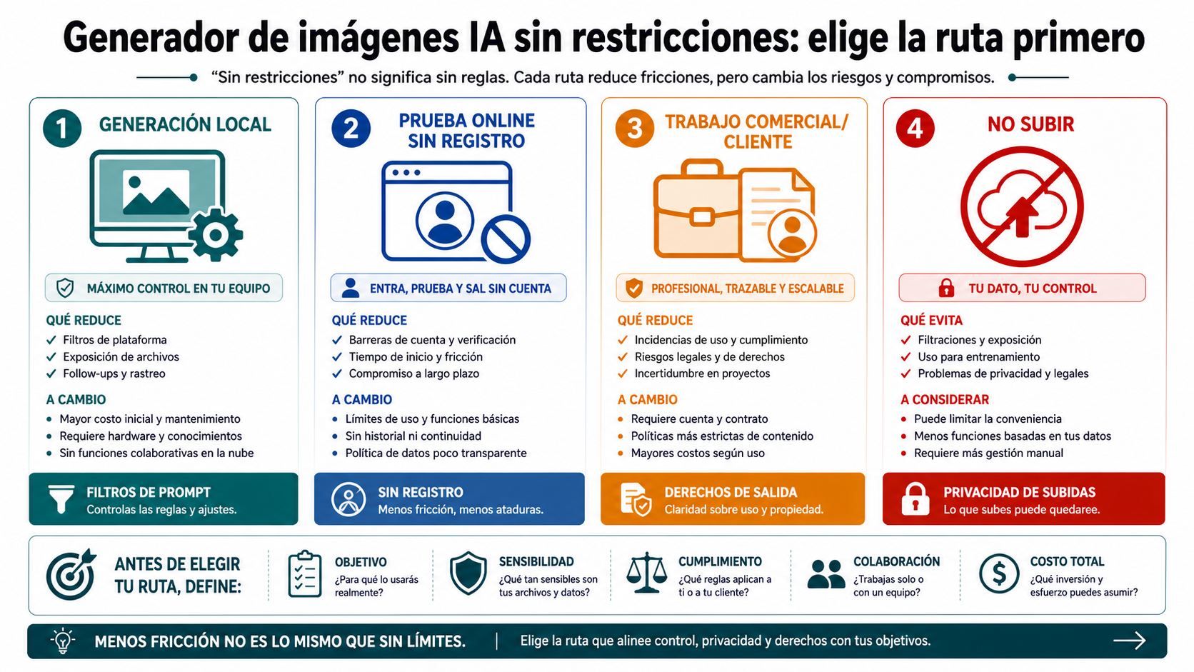Tablero de rutas para elegir un generador de imágenes IA con menos restricciones y menos riesgo