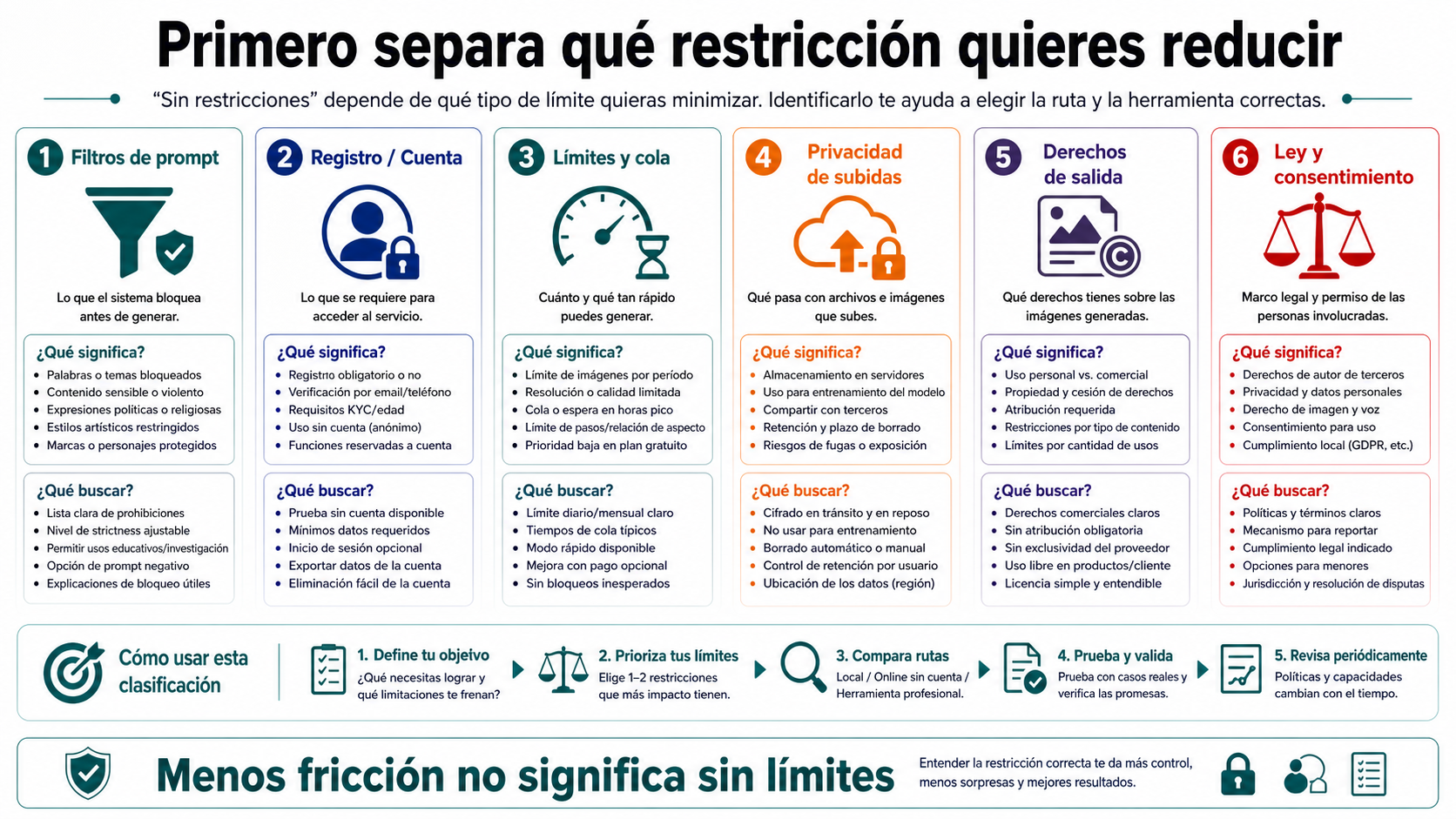 Clasificación de restricciones en generadores de imágenes IA: filtros, registro, límites, privacidad, derechos y consentimiento