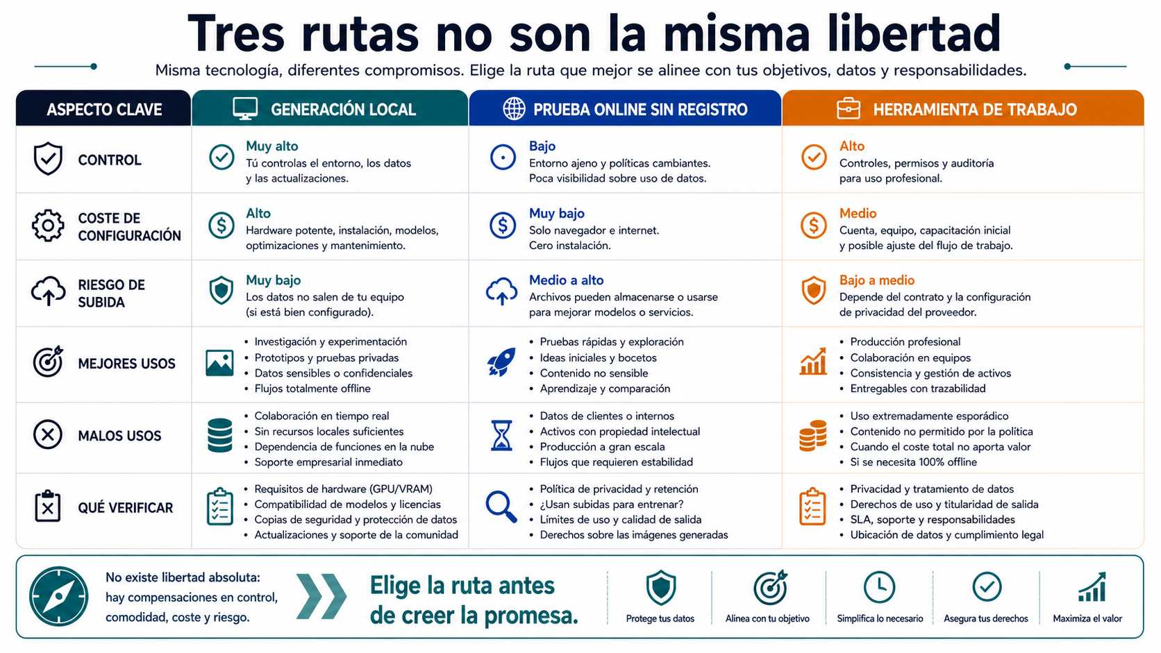 Matriz que compara generación local, prueba online sin registro y herramienta de trabajo con reglas claras