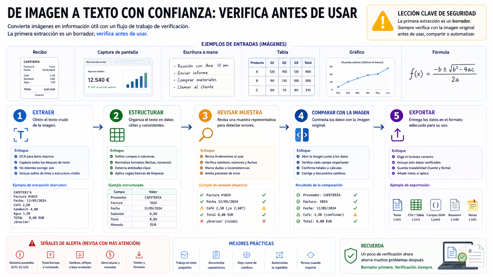 Flujo de extracción, estructuración, revisión de muestras, comparación de rutas y exportación de resultados de imagen a texto
