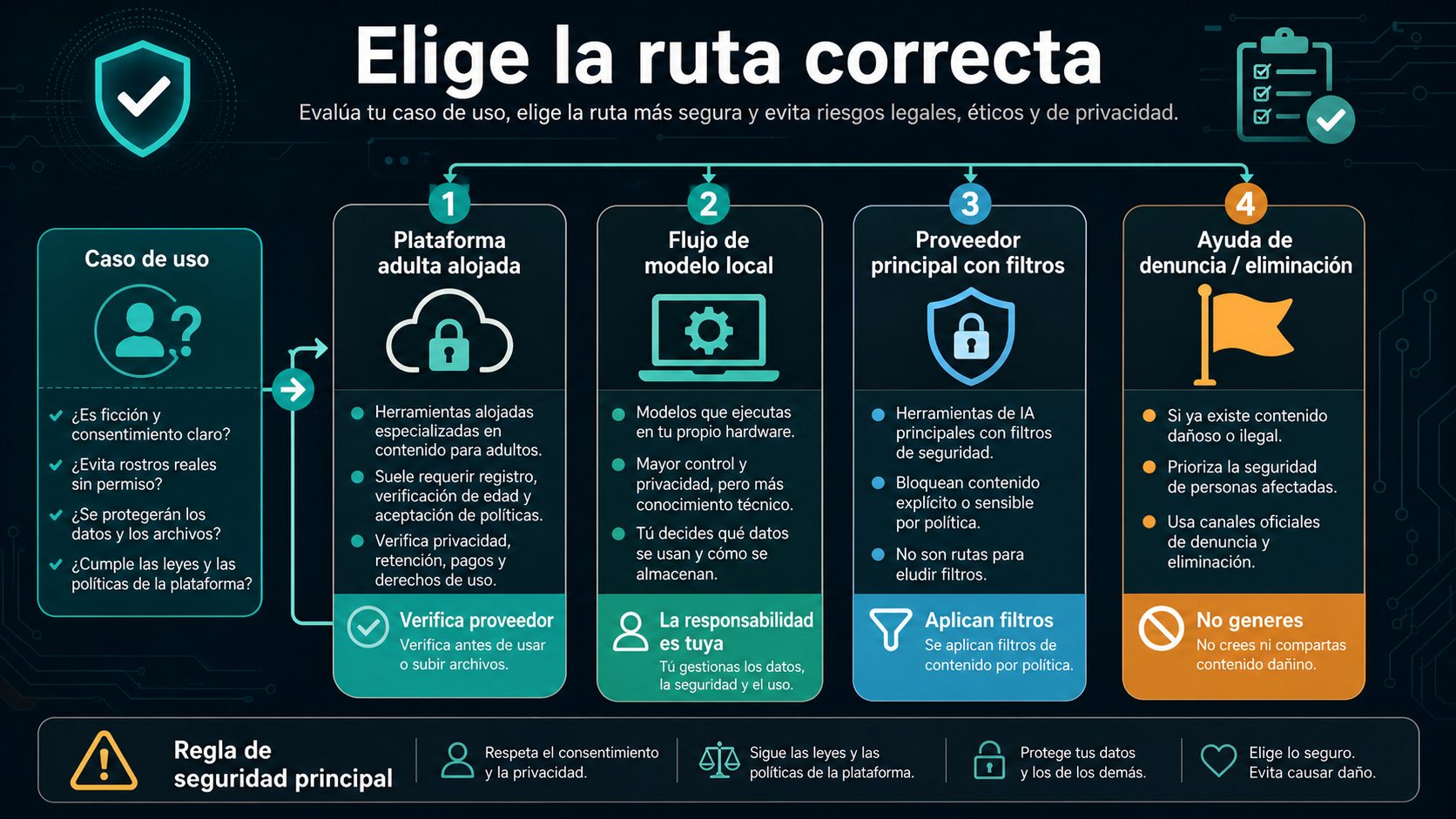 Árbol de decisión entre prueba desechable, trabajo local privado, proveedor adulto, API con filtros y rutas de denuncia.