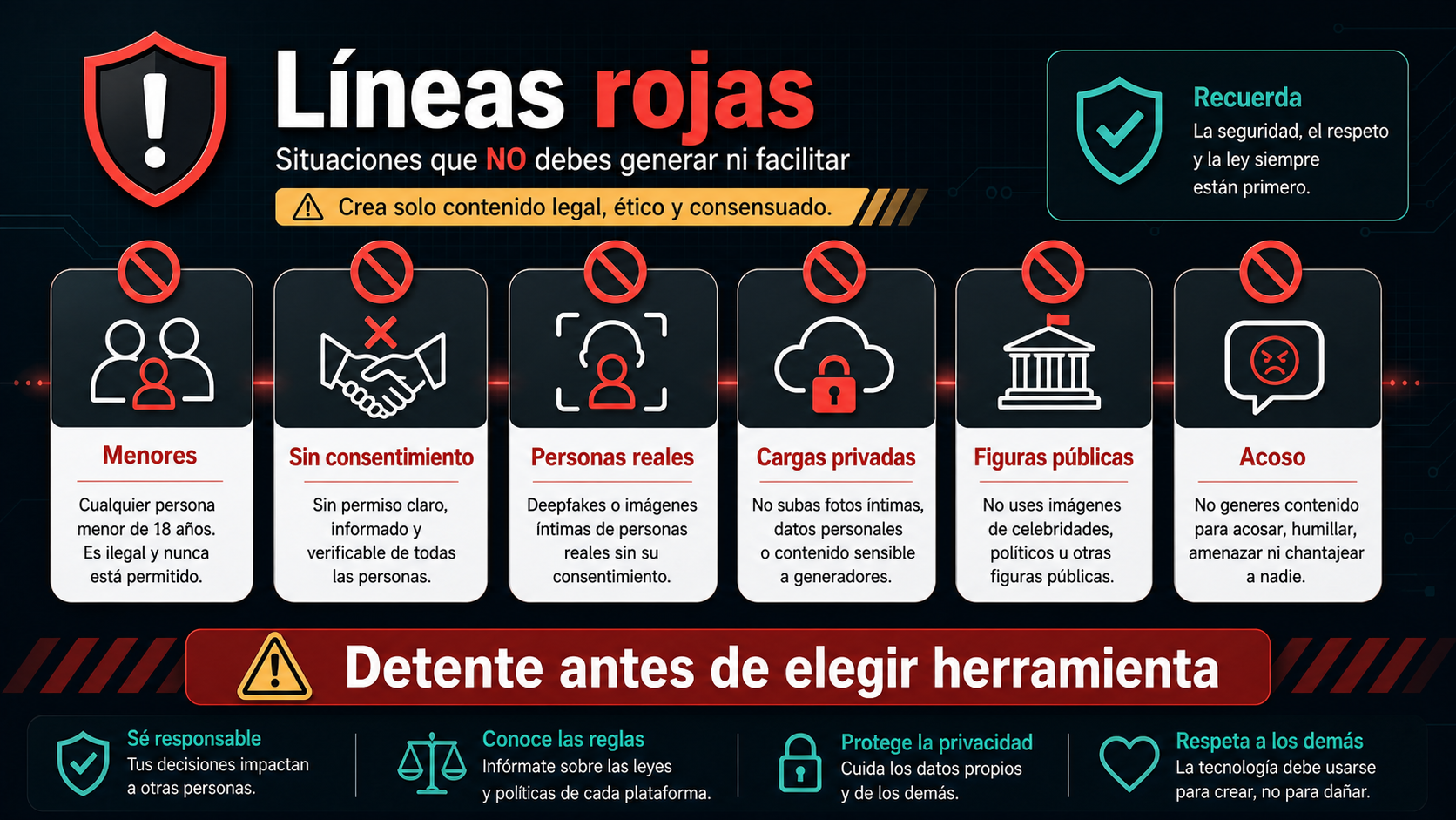 Lista de líneas rojas para menores, falta de consentimiento, parecido real, subidas privadas, figuras públicas y acoso.