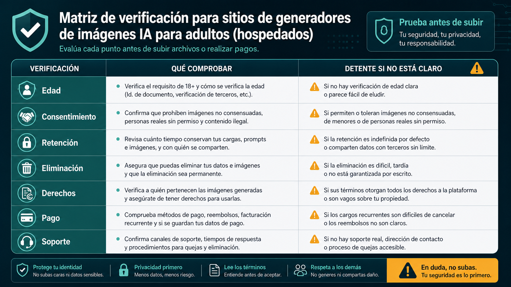 Matriz de comprobación de proveedor para edad, consentimiento, retención, borrado, derechos, pagos y soporte antes de subir imágenes.